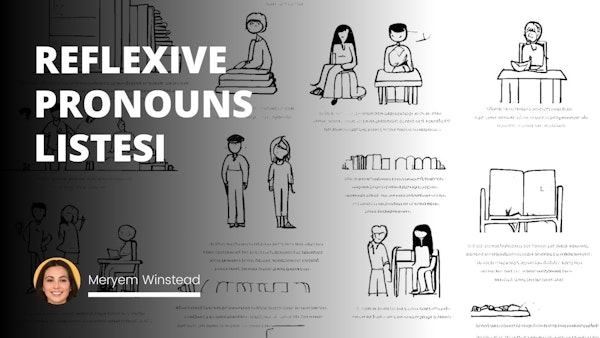The image includes a clear list of reflexive pronouns (e.g., myself, yourself, himself, herself, itself, ourselves, yourselves, themselves) with colorful and well-organized sections for each person (first person, second person, third person). Each section has an example sentence visually represented with simple cartoon-like illustrations: e.g., a person looking in the mirror for ‘I see myself in the mirror.’ The overall style is clean, bright, and educational, using cheerful colors like blue, yellow, and green, with a friendly and approachable font for the text. Perfect for language learners of all ages.