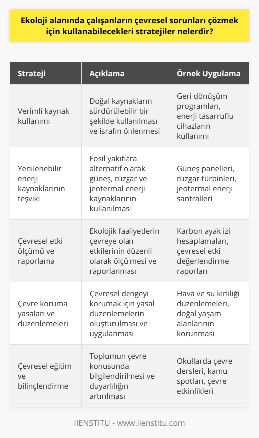 1. Çevreyi korumak için verimli kaynak kullanımını teşvik etmek.  2. Sürdürülebilir üretim ve tüketim sistemlerinin geliştirilmesi.  3. Daha fazla yenilenebilir enerji kaynaklarının kullanılması.  4. Çevresel etkilerin ölçümü ve raporlanması.  5. Çevresel denge ile ilgili kuralların ve yasaların kurulması.  6. Maddi ve manevi ödüllerin teşvik edilmesi.  7. Çevresel eğitim ve bilinçlendirme programlarının geliştirilmesi.  8. Doğal kaynakların korunması ve yeniden kullanılması.  9. Çevresel çalışmaların yönetim ve kontrol altına alınması.  10. Teknolojinin çevresel etkilerin azaltılması için kullanılması.