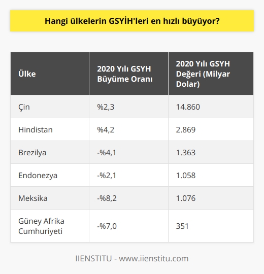 2020 yılı itibariyle, GSYİHleri en hızlı büyüyen ülkeler arasında Çin, Hindistan, Brezilya, Endonezya, Meksika ve Güney Afrika Cumhuriyeti bulunmaktadır.