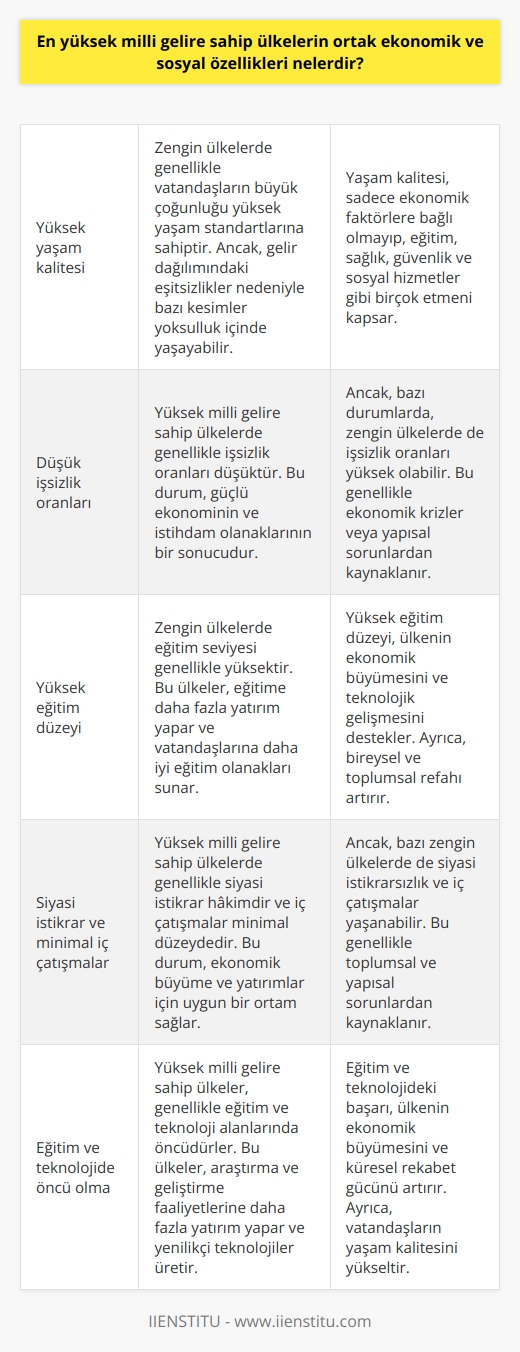 En yüksek milli gelire sahip olan ülkelerin ortak ekonomik ve sosyal özellikleri, genel olarak yüksek yaşam kalitesi, düşük işsizlik oranları ve yüksek eğitim düzeyidir. Zengin ülkelerde genellikle siyasi istikrar hakim olup iç çatışmalar minimal düzeydedir. Ancak, bu durum her zaman doğru olmayabilir. Örneğin, yüksek Gayri Safi Milli Hasılalı ülkelerde, yurttaşlarının büyük çoğunluğu yüksek yaşam kalitesine sahip olabilirken, eşitsiz gelir dağılımı nedeniyle bazı kesimler yoksulluk içinde yaşayabilir.   Bununla birlikte, Gayri Safi Milli Hasılanın yüksek olması, ülkedeki yaşam kalitesinin de yüksek olacağını kesin olarak göstermez. Bir ülkenin ekonomik refah seviyesini doğru bir şekilde ölçmek için, GSYİH yanında, eğitim, sosyal refah, yaşam kalitesi, işsizlik oranı, güvenlik ve iç çatışmalar gibi faktörler de dikkate alınmalıdır. Bu durum ekonomik ve sosyal eşitsizlikleri gözetir ve ülkenin gerçek ekonomik durumunu daha doğru bir şekilde yansıtır.  GSMHsı yüksek ülkeler, genellikle eğitim ve teknoloji alanlarında da öncüdürler. Yüksek milli gelire sahip ülkelerde, genellikle eğitim seviyesi yüksek, araştırma ve geliştirme faaliyetlerine daha fazla yatırım yapılır. Bu durum, bu ülkelerin ekonomik büyümelerini daha da destekler.  Sonuç olarak, en yüksek milli gelire sahip olan ülkelerin ortak ekonomik ve sosyal özellikleri arasında yüksek yaşam kalitesi, düşük işsizlik oranları ve yüksek eğitim düzeyi öne çıkmaktadır. Ancak, bu özellikler GSMHnin yüksekliği ile doğrudan ilişkili olmayıp birçok farklı etmene bağlıdır.