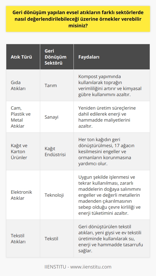 Geri dönüşüm, evsel atıkların farklı sektörlerde de değerlendirilebileceği bir süreçtir. Örneğin, gıda atıkları,kompost yapımında kullanılabilir ve bu da tarım sektörüne katkı sağlar. Bu durum, toprağın verimliliğini artıran bir yöntem olup, kimyasal gübre kullanımını azaltmayı da sağlar.   Yine, cam, plastik ve metal atıklar sanayi sektöründe yeniden kullanılabilir. Bilindiği gibi, bu tür malzemelerin baştan üretilmesi, enerji ve hammadde açısından oldukça maliyetlidir. Ancak geri dönüşüm sürecinde, bu atıklar yeniden üretim süreçlerine dahil edilerek bu maliyetler azaltılabilir.  Kullanılmış kâğıt ve karton ürünler de geri dönüşüm sürecinde yeniden değerlendirilebilir. Bu sayede ormanların korunmasına yardımcı olunabilir. Çünkü her ton kâğıdın geri dönüştürülmesi, 17 ağacın kesilmesini engeller.  Son olarak, evlerimizde meydana gelen elektronik atıklar da teknoloji sektöründe geri dönüştürülebilir. Bu tür atıkların uygun şekilde işlenmesi ve tekrar kullanılması, hem zararlı maddelerin doğaya salınımını engeller hem de değerli metallerin madenden çıkarılmasının sebep olduğu çevre kirliliği ve enerji tüketimini azaltır.   Kısacası, evsel atıkların büyük bir kısmı, doğru yöntemlerle işlendiğinde farklı sektörlerde verimli şekilde kullanılabilir. Bu da hem çevreyi koruma hem de kaynakları daha etkin kullanma açısından büyük bir önem taşır. Sonuç olarak geri dönüşüm, sürdürülebilir bir yaşam için vazgeçilmez bir unsurdur.