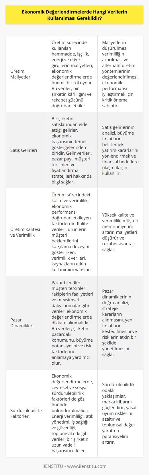 Ekonomik değerlendirmelerde kullanılabilecek veriler arasında üretim maliyetleri, satış gelirleri, üretim kalitesi, çalışan verimliliği, üretim süresi, satışların yıllık dalgalanması, pazarlama harcama ve vergiler, üretim faaliyetlerinin etkisi, ürün kalitesi, ürün çeşitliliği, ürün kullanımı, ürün satışları, sermaye ve çalışanların sağlığı, güvenlik ve çevre gibi veriler sayılabilir.