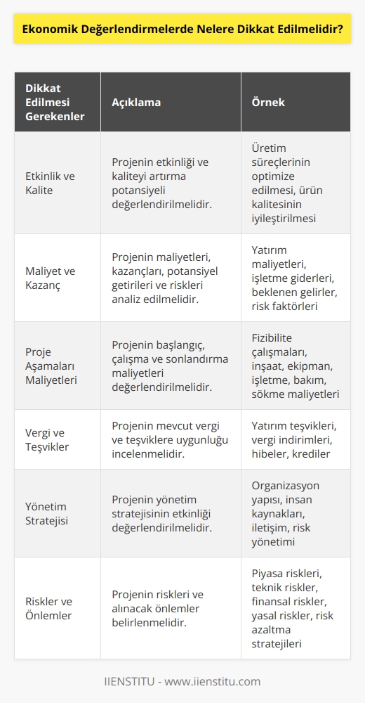 1. Etkinlik ve kalite: Ekonomik değerlendirmeler, etkinliği ve kaliteyi arttırma potansiyeli olan proje veya programların seçimine yardımcı olmak için yapılır.   2. Maliyet ve kazanç: Ekonomik değerlendirmeler, çalışmanın maliyetlerinin ve kazanımlarının, potansiyel getirilerinin ve risklerinin değerlendirilmesini içerir.  3. Başlangıç, çalışma ve sonlandırma maliyetleri: Ekonomik değerlendirmeler, projenin başlangıç, çalışma ve sonlandırma maliyetlerini değerlendirmesine yardımcı olur.  4. Vergi ve teşvikler: Ekonomik değerlendirmeler, proje veya programın mevcut vergi ve teşvikleri için uygunluğunu değerlendirmesine yardımcı olur.  5. Yönetim: Ekonomik değerlendirmeler, projenin yönetim stratejisinin etkinliğini değerlendirmesine yardımcı olur.  6. Risk ve önlemler: Ekonomik değerlendirmeler, projenin risklerini ve önlemleri değerlendirmesine yardımcı olur.