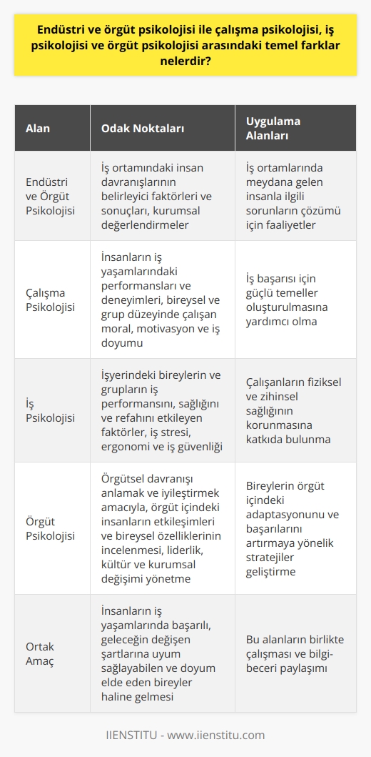 Endüstri ve Örgüt Psikolojisi ile Çalışma Psikolojisi, İş Psikolojisi ve Örgüt Psikolojisi Arasındaki Temel Farklar Nelerdir?  Endüstri ve örgüt psikolojisi ile çalışma psikolojisi, iş psikolojisi ve örgüt psikolojisi arasındaki temel farklar, odak noktaları ve uygulama alanlarından kaynaklanmaktadır. Bu alanların her biri, çalışma hayatının farklı yönlerini ele almaktadır ve insanların iş ortamlarında verimli ve uyumlu olmalarına katkıda bulunur. Aşağıda, bu alanların temel farklarına değinilmektedir.  Endüstri ve Örgüt Psikolojisinin Odak Noktaları  Endüstri ve örgüt psikolojisi, iş ortamındaki insan davranışlarının belirleyici faktörleri ve sonuçları açısından kurumsal değerlendirmelerin incelenmesi ile uğraşırken, aynı zamanda iş ortamlarında meydana gelen insanla ilgili sorunların çözümü için faaliyetlerde bulunur. Bu alanda çalışan psikologlar, örgüt ve endüstri psikolojisi üzerine uzmanlaşmış olup, bu konuda üniversite düzeyinde lisans ve sonrasında yüksek lisans eğitimi almış olmalıdır.  Çalışma Psikolojisinin Odak Noktaları  Çalışma psikolojisi, insanların iş yaşamlarındaki performanslarını ve deneyimlerini inceleyen bir alan olarak bilinir. Bu disiplin, bireysel ve grup düzeyinde çalışan moral, motivasyon ve iş doyumunu ele alarak, iş başarısı için güçlü temeller oluşturulmasına yardımcı olur.  İş Psikolojisinin Odak Noktaları  İş psikolojisi, işyerindeki bireylerin ve grupların iş performansını, sağlığını ve refahını etkileyen faktörleri inceleyen bir psikoloji dalıdır. Bu alanda çalışanlar, iş stresi, ergonomi ve iş güvenliği gibi konular üzerinde yoğunlaşarak, çalışanların fiziksel ve zihinsel sağlığının korunmasına katkıda bulunurlar.  Örgüt Psikolojisinin Odak Noktaları  Örgüt psikolojisi, örgütsel davranışı anlamak ve iyileştirmek amacıyla, örgüt içindeki insanların etkileşimleri ve bireysel özelliklerinin incelenmesine odaklanır. Bu disiplin, liderlik, kültür ve kurumsal değişimi yönetme gibi konuları ele alır ve bireylerin örgüt içindeki adaptasyonunu ve başarılarını artırmaya yönelik stratejiler geliştirir.  Sonuç  Endüstri ve örgüt psikolojisi ile çalışma psikolojisi, iş psikolojisi ve örgüt psikolojisi arasındaki temel farklar, bu dalların çalışma hayatının farklı yönlerine odaklanması ve insanların iş ortamlarında verimli ve uyumlu olmalarını sağlayacak bilgi ve becerilere yönelik çalışmalarda bulunmalarıdır. Bu alanlar, birlikte çalışarak, insanların iş yaşamlarında başarılı, geleceğin değişen şartlarına uyum sağlayabilen ve doyum elde eden bireyler haline gelmesine katkıda bulunur.
