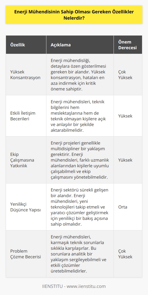 Enerji mühendisi, yüksek konsantrasyona sahip olması gerekir. Teknik bilgilerini açık ve doğru bir şekilde ifade etme becerisi gösterebilmelidir. Ekip çalışmasına uyumlu olmalı ve yönetimini sağlamalıdır bunun yanında yaşanan problemlere yenilikçi bir bakış açısı ile yaklaşmalı ve yaratıcı çözümler getirmek için çaba sarf etmelidir.