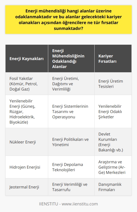 Enerji mühendisliği, başta elektrik, ısı ve mekanik enerji olmak üzere enerjinin üretilmesi, dağıtılması ve enerji verimliliği gibi konular üzerine odaklanır. Bu alandaki mühendisler, fosil yakıtlar, hidroelektrik, nükleer enerji, güneş enerjisi, rüzgar enerjisi ve biyokütle gibi çeşitli enerji kaynakları üzerinde çalışır.  Enerji mühendisliği gelecekte öğrencilere geniş kariyer olanakları sunmaktadır. Dünya genelinde, enerji tüketimi ve enerji verimliliğine yapılan vurgu arttıkça, enerji mühendisliğinin önemi de artmıştır. Enerji mühendisliği mezunları için enerji üretim tesisleri, enerji tasarrufu ve yönetimi alanları başta olmak üzere çeşitli kariyer fırsatları mevcuttur.  Fosil yakıt kaynaklarının sınırlı olması ve çevre kirliliği gibi etkileri nedeniyle, yenilenebilir enerji kaynaklarına olan talep artmaktadır. Bu nedenle, enerji mühendisliği mezunları, güneş, rüzgar, hidroelektrik ve biyomas gibi yenilenebilir enerji kaynaklarına odaklanan şirketlerde çalışma fırsatı yakalayabilirler.  Enerji mühendisliği ayrıca, enerji politikası ve enerji yönetimi ile ilgili devlet kurumu gibi sektörlerde de kariyer fırsatları sunar. Bu alanlar, enerji üretimi, dağıtımı ve kullanımı ile ilgili politikaların oluşturulması ve uygulanmasında önemli role sahiptir.  Sonuç olarak, enerji mühendisliği, dünyanın enerji ihtiyaçlarını karşılamak için çeşitli enerji kaynaklarının etkin ve verimli kullanımı üzerine odaklanan bir alandır. Bu alandaki mühendisler, enerji üretim ve dağıtım sistemlerini tasarlama ve operasyonlarını yönetme yeteneğine sahip olmanın yanı sıra, enerji verimliliği ve enerji tasarrufu konusunda da bilgi sahibi olurlar. Bu beceriler ve bilgi, enerji mühendisliği mezunları için çeşitli kariyer fırsatları yaratır ve bu sebeple enerji mühendisliği, gelecekte büyük potansiyele sahip bir alan olarak görülmektedir.