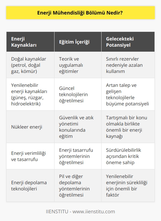 Enerji mühendisliği bölümü, dünyada var olan doğal kaynakların ve insan gücüyle oluşturulacak yapay kaynakların enerjiye dönüştürmek için belli metotların hem uygulamalı hem de teorik olarak eğitimlerin verildiği branştır. Eğitimlerle beraber öğrencilerin halihazırda bulunan enerji kaynakları gösterilmektedir. Buna ek olarak gelecekte oluşacak yenilenebilir enerji kaynaklarının da öğrencilere öğretildiği alandır. 