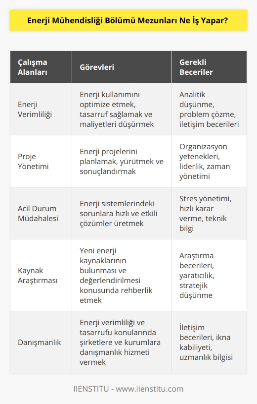 Enerji mühendisleri, enerji kullanımında ve tasarruf yapma, maliyetleri düşürme, proje sonuçlandırma gibi işleri yürütmektedir. Herhangi bir problem çıktığında ani müdahale yapabilir. Kaynakların bulunması konusunda yol gösterir. 