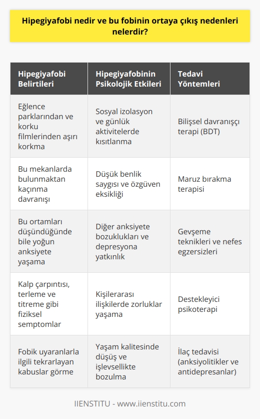 Hipegiyafobi Tanımı  Hipegiyafobi, büyük illüzyonlar ve korkutucu atmosfer içeren eğlence mekanlarından ciddi şekilde rahatsızlık duyan ve bu tür mekanlara karşı güçlü bir korku hisseden kişilerde görülen bir fobidir. Bu durum terim olarak, eğlence parklarında bulunan hızlı trenler ve korku filmlerindeki gibi hipnotik etkilere neden olan, şaşırtıcı ve ürpertici sanal ortamların yarattığı korku anlamına gelir.  Ortaya Çıkış Nedenleri  Hipegiyafobinin nedenleri kişiden kişiye değişiklik gösterebilir, fakat temel olarak aşağıdaki faktörlerle ilişkilendirilir.  1. Travmatik yaşantılar: Kişinin geçmişte yaşadığı kötü anılar ve travmatik deneyimler, eğlence mekanlarına karşı korku hissetmelerine sebep olabilir. Özellikle çocukluk döneminde yaşanan bu tür deneyimler, yetişkinlik dönemine kadar sürebilir.  2. Genetik faktörler: Hipegiyafobi, aile öyküsünde fobilerle ilgili genetik eğilimin varlığı nedeniyle ortaya çıkabilir. Bu durum, kişinin eğlence mekanlarından korkmasına sebep olan genetik bir yatkınlık ile ilişkilendirilmiştir.  3. Beyin kimyası: Hipegiyafobiye yol açan faktörlerden bir diğeri de beyinin kimyasal dengesindeki bozulmalardır. Bu durum, panik ataklar gibi anksiyete bozukluklarına yol açarak kişinin eğlence mekanlarına karşı korku hissetmesine sebep olabilir.  4. Sosyal öğrenme: Hipegiyafobinin nedenlerinden biri de sosyal öğrenmedir. Kişi, ebeveynlerinden ya da çevresindeki yetişkinlerden korku algısını öğrenerek, eğlence mekanlarından korkmaya başlar.  Çözüm Önerileri  Hipegiyafobinin üstesinden gelmek için, öncelikle korkunun nedenlerini anlamak ve bunlara dair farkındalık kazanmak önemlidir. Terapi ve kendi kendine yardım çalışmaları yoluyla kişi, yaşadığı korku duygusunu tanımayı ve bu duyguyu kontrol etmeyi öğrenebilir. Bireysel terapilerin yanı sıra grup terapileri de hipegiyafobinin üstesinden gelmede etkili yöntemlerden biridir. Bununla birlikte, aşamalı şekilde eğlence mekanlarına maruz kalmak ve baş etme stratejilerini uygulamak da sürecin başarılı sonuçlar vermesine yardımcı olabilir.