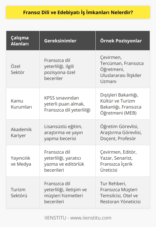 Fransız Dili ve Edebiyatı mezunlarının çok geniş bir çalışma alanı bulunmaktadır. Özel şirketlerden resmî kurumlara kadar birçok şirket ve kurumda görev alabilirler. Kamu kurumlarında çalışabilmek için KPSS sınavına girmeleri gerekmektedir.