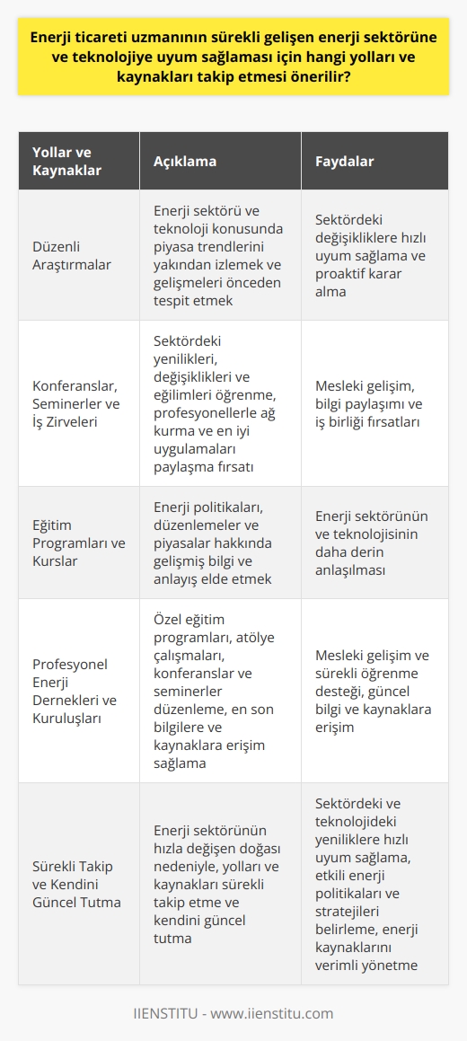 Enerji ticaret uzmanının sürekli gelişen enerji sektörüne ve teknolojiye uyum sağlaması için bazı önemli yolları ve kaynakları takip etmesi gerekmektedir. İlk önce, enerji sektörü ve teknoloji konusunda düzenli araştırmalar yapması, piyasa trendlerini yakından izlemesi ve gelişmeleri önceden tespit etme yeteneğine sahip olması beklenir. Bu sürecin bir parçası, enerji kaynaklarını, üretimi, yönetimi ve fiyatları ilgilendiren politika ve düzenlemeleri anlamak ve takip etmektedir.  Bunun yanı sıra, enerji sektörü ile ilgili konferanslar, seminerler ve iş zirveleri, profesyoneller için önemli bilgi kaynakları olabilir. Bu etkinlikler, sektördeki yenilikleri, değişiklikleri ve eğilimleri öğrenme, sektördeki diğer profesyonellerle ağ kurma ve en iyi uygulamaları paylaşma fırsatı sağlar.  Ayrıca enerji ticareti uzmanları, enerji politikaları, düzenlemeler ve piyasalar hakkında gelişmiş bilgi ve anlayış elde etmek için çeşitli eğitim programları ve kurslara katılabilirler. Bu programlar, enerji sektörünün ve teknolojisinin anlaşılmasını derinleştirmeye yardımcı olur.  Diğer bir önemli kaynak ise profesyonel enerji dernekleri ve kuruluşlarıdır. Bu dernekler, enerji ticareti uzmanlarının mesleki gelişimlerini ve sürekli öğrenmelerini desteklemeye yardımcı olan özel eğitim programları, atölye çalışmaları, konferanslar ve seminerler düzenler. Ayrıca, enerji ticareti ve ilgili konularda en son bilgilere ve kaynaklara erişim sağlar.  Enerji ticareti uzmanlarının, enerji sektörünün hızla değişen doğası nedeniyle, bu yolları ve kaynakları sürekli olarak takip etmeleri ve kendilerini güncel tutmaları kritik öneme sahiptir. Bu, onlara sektördeki ve teknolojideki yeniliklere hızla uyum sağlama, işletmelerin enerji politikalarını ve stratejilerini etkili bir şekilde belirleme ve enerji kaynaklarını en verimli şekilde yönetme yeteneği kazandırır.