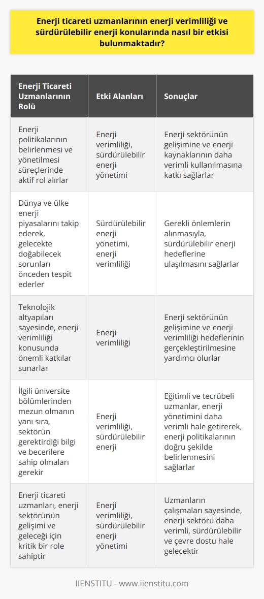 Enerji Ticareti Uzmanlarının Etkisi  Enerji Verimliliğinde Kritik Rol  Günümüzde enerji sektörü, gelişen teknoloji ve sanayi sayesinde hayatımızın ayrılmaz parçası haline gelmiştir. Bu durum ülkeler arasındaki rekabetin enerji kaynakları ve üretimi üzerine yoğunlaşmasına neden olmuştur. Enerji ticareti uzmanları, enerjinin verimli kullanılması ve en yüksek düzeyde fayda sağlanması amacıyla enerji politikalarının belirlenmesi ve yönetilmesi süreçlerinde önemli bir rol oynar. Bu sayede enerji verimliliği ve sürdürülebilir enerji konularındaki etkileri büyük önem taşır.  Sürdürülebilir Enerji Yönetimi  Enerji ticareti uzmanları, enerjinin etkin ve verimli kullanılması noktasında önemli bir görev üstlenir. Sadece satış ve pazarlama stratejileri ile değil, üretilen ve tüketilen enerjinin yönetiminin sürdürülebilir olabilmesi için de etkin hale gelirler. Dünya ve ülke enerji piyasalarını takip ederek, gelecekte doğabilecek sorunları önceden tespit edip gerekli önlemleri alarak, sürdürülebilir enerji yönetimini sağlarlar.  Enerji verimliliğine katkı  Enerji ticareti uzmanlarının çalışmaları ve teknolojik altyapıları sayesinde, enerji verimliliği konusunda önemli katkılar sağlanmaktadır. Bu alanda faaliyet gösteren profesyoneller, enerji sektörünün gelişimine ve enerji verimliliği hedeflerinin gerçekleştirilmesine yardımcı olmaktadır.  Eğitim ve tecrübe önemi  Enerji ticaret uzmanı olabilmek için ilgili üniversite bölümlerinden mezun olmanın yanı sıra, sektörün gerektirdiği bilgi ve becerilere sahip olmak da büyük önem taşır. Bu sayede enerji ticareti uzmanlarının, enerji verimliliği ve sürdürülebilir enerji alanlarında etkin bir şekilde katkı sağlaması mümkün olur.  Sonuç  Enerji ticareti uzmanlarının enerji verimliliği ve sürdürülebilir enerji konularında önemli bir etkisi bulunmaktadır. Bu profesyonellerin çalışmaları, enerji sektörünün gelişimine ve gelecekteki enerji kaynaklarının daha verimli ve sürdürülebilir kullanılmasına katkı sağlar. Eğitimli ve tecrübeli enerji ticareti uzmanları sayesinde enerji yönetimi daha verimli hale gelirken, enerji politikalarının doğru şekilde belirlenmesi ve uygulanması ile sürdürülebilir enerji hedeflerine ulaşılması mümkün olacaktır.