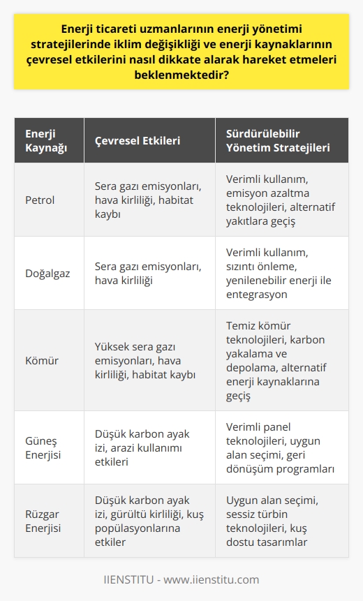 Enerji ticareti uzmanlarının iklim değişikliği ve çevresel etkiler üzerinde rolü büyüktür. Enerji yönetimi stratejileri geliştirirken, bu uzmanlar iklim değişikliğinin etkilerini ve enerji kaynaklarının çevreye olan etkisini göz önünde bulundurmalıdır. Özellikle, enerji ticareti uzmanları hem konvansiyonel (petrol, doğalgaz) hem de yenilenebilir enerji kaynakları (güneş, rüzgar) hakkında geniş bilgiye sahip olmalıdır.   İklim değişikliği, enerji üretimi ve tüketimi üzerinde direkt bir etkiye sahiptir. Dolayısıyla enerji ticareti uzmanlarının, karbon emisyonlarının azaltılması ve enerji verimliliğinin artırılması hedeflerine ulaşmak için stratejiler belirlemesi gerekmektedir. Bu stratejiler enerji kaynaklarının sürdürülebilir kullanımını teşvik etmeli ve enerji tüketiminin çevresel etkilerini azaltmalıdır.  Daha sürdürülebilir enerji yönetimi stratejileri benimsemek için, enerji ticareti uzmanları enerji kaynaklarının çevresel etkilerini dikkate almalıdır. Enerji üretimi ve tüketimi, hava ve su kirliliği, habitat kaybı ve iklim değişikliği gibi bir dizi çevresel sorunu tetikler. Bu nedenle, enerji ticareti uzmanlarının, enerji kaynaklarından en yüksek verimi elde etmek için stratejiler geliştirirken, bu kaynakların çevreye olan potansiyel etkisini dikkate almaları gerekmektedir.   Ek olarak, enerji ticareti uzmanları enerji verimliliği stratejilerine odaklanmalıdır. Enerji verimliliği, enerji tüketimini azaltmanın ve karbon emisyonlarını düşürmenin en etkili yoludur. Enerji ticareti uzmanları, enerji verimliliği teknolojilerinin teşvik edilmesi ve kullanılmasi için politikalar ve stratejiler geliştirmelidir.  Netice olarak, enerji ticareti uzmanlarının sürdürülebilir enerji yönetim stratejileri geliştirme sorumluluğu vardır. Bu uzmanlar, enerji kaynaklarını en etkin ve verimli şekilde kullanmanın yanı sıra bu kaynakların çevresel etkilerini de dikkate almalıdır. Enerji ticareti uzmanları, iklim değişikliği ile mücadele ve çevresel etkilerin azaltılmasını sağlamak için sürdürülebilir ve yenilikçi enerji çözümleri üzerinde çalışmalıdır.