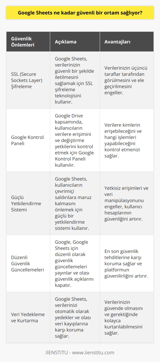 Google Sheets, güvenilir bir ortam sağlamak için birden çok güvenlik önlemi alır. En önemlisi, Google Sheetsin SSL (Secure Sockets Layer) güvenlik   ü ile şifrelenmesidir. Böylece verilerinizin üçüncü taraflar tarafından görülmesi ve güvenliğinin sağlanması önlenmiş olur. Google Driveın kapsamı içerisinde, herhangi bir veriyi görmek ve değiştirmek isteyen kullanıcılar için Google Kontrol Paneli kullanılır. Ayrıca, Google Sheetsin kullanıcıların herhangi bir çevrimiçi saldırıya maruz kalmasını önlemek için güçlü bir yetkilendirme sistemi de kullanılır.