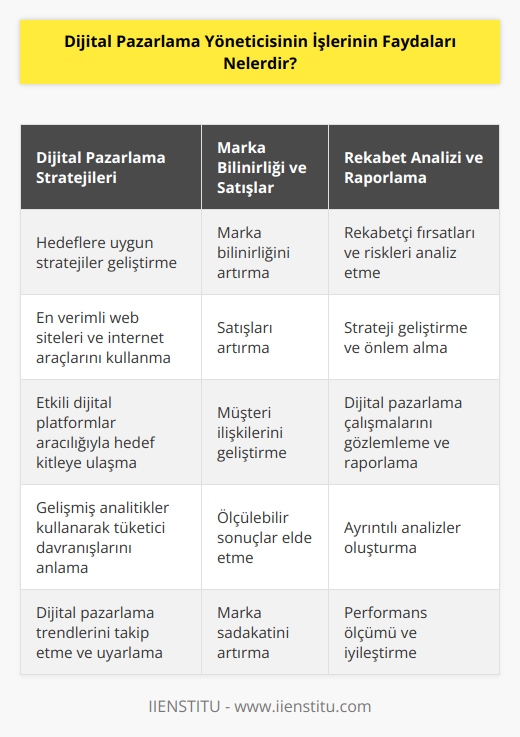 1. Dijital pazarlama yöneticisi, çeşitli dijital platformlarda ölçülebilir sonuçlar elde etmek için işletmenin hedeflerine uygun stratejiler geliştirir.   2. Dijital pazarlama yöneticileri, marka bilinirliğini arttırmak, satışları artırmak ve müşteri ilişkilerini geliştirmek için    çözümleri geliştirir.   3. Dijital pazarlama yöneticisi, kurumsal web sitelerinin ve diğer internet araçlarının işletme için en verimli hale getirilmesini sağlar.   4. Dijital pazarlama yöneticisi, etki alanındaki rekabetçi fırsatları ve riskleri analiz eder ve bunların kullanılmasına veya önlenmesine ilişkin stratejiler geliştirir.   5. Dijital pazarlama yöneticisi, dijital pazarlama çalışmalarının kontrolü için gözlemler yapar ve raporlarını sunar.   6. Dijital pazarlama yöneticisi, işletmeyi hedeflediği müşteri kitlesine ulaşmak için etkili web siteleri ve dijital platformlar kullanarak ayrıntılı analitikler oluşturur.   7. Dijital pazarlama yöneticisi, marka farkındalığını arttırmak ve tüketici satın alma davranışlarını anlama aracı olarak gelişmiş analitikler kullanır.