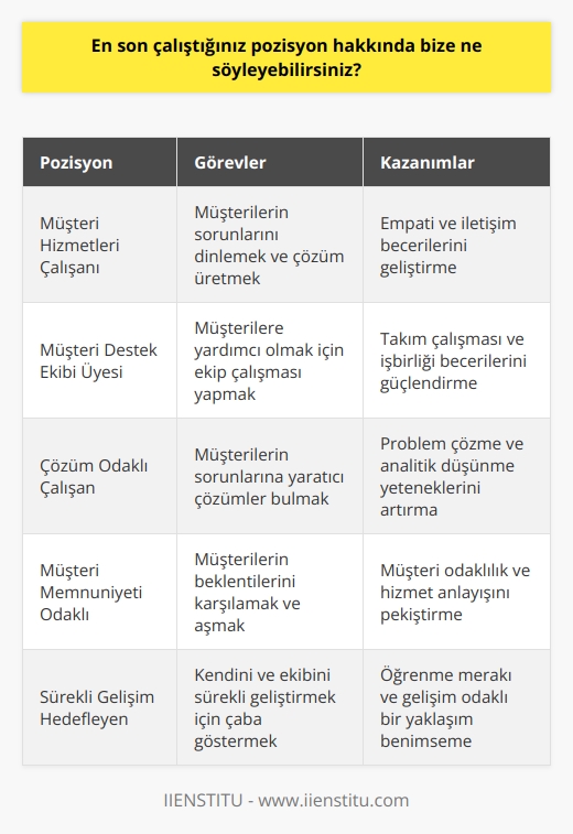 Son çalıştığım pozisyonu çok sevdim. Pozisyonum, bir müşteri destek ekibinde müşteri hizmetleri çalışanı olarak çalışmak için çok fazla fırsat sundu. Müşterilerin sorunlarını çözmek ve onlara yardımcı olmak benim için çok önemliydi. Ekip olarak çalışmak da çok keyifliydi. Her birimiz birbirimize destek oluyorduk ve her zaman birbirimizin   ini kullanarak her zaman en iyisini yapmaya çalışıyorduk.