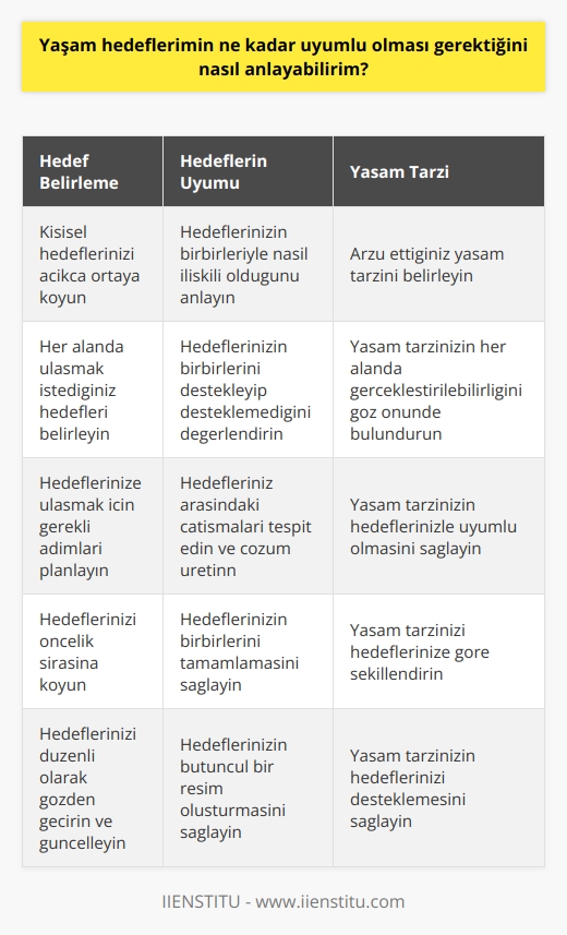 Yaşam hedeflerinin uyumlu olmasını anlamak için, yaşamınızın genel manzarasını ve yaşamınızdaki bütün parçaların nasıl bir araya gelebileceğini anlamanız gerekir. Bunun için, kişisel hedeflerinizi açıkça ortaya koymanız ve bunların nasıl birbirleriyle ilişkili olduğunu anlamanız gerekir. Kişisel hedeflerinizi açıkça ifade etmek, hayatınızın her alanında ulaşmak istediğiniz hedefleri ve bunlarla ilgili olarak alacağınız adımları çok daha kolay hale getirecektir. Ayrıca, yaşam hedeflerinizin uyumlu olması için arzu ettiğiniz yaşam tarzınızı da ortaya koymanız ve bu tarzın her alanda gerçekleştirilebilirliğini göz önünde bulundurmanız gerekir.