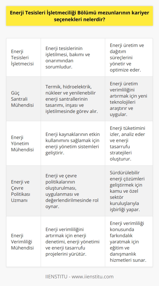 Enerji Tesisleri İşletmeciliği Bölümü mezunlarının kariyer seçenekleri arasında şunlar yer alır:  -Enerji tesisleri işletmecisi -Enerji üretim ve dağıtım mühendisi -Güç santrali mühendisi -Hidroelektrik santrali mühendisi -Nükleer enerji mühendisi -Güneş enerjisi mühendisi -Enerji kontrol ve güvenliği mühendisi -Elektrik tesisatı mühendisi -Hidrolik mühendisi -Jeofizik mühendisi -Enerji yönetim mühendisi -Enerji ve kaynakların yönetimi mühendisi -Enerji ve    -Enerji üretim tasarım mühendisi -Enerji üretim ve pazarlama mühendisi -Enerji verimliliği mühendisi -Enerji Dağıtım Mühendisi -Enerji üretim ve yönetim mühendisi -Enerji ve iklim değişikliği mühendisi -Enerji ve çevre politikası uzmanı -Enerji ve çevre hukuku uzmanı -Enerji konsorsiyumu yöneticisi -Enerji ve kaynakların yönetimi konsultantı