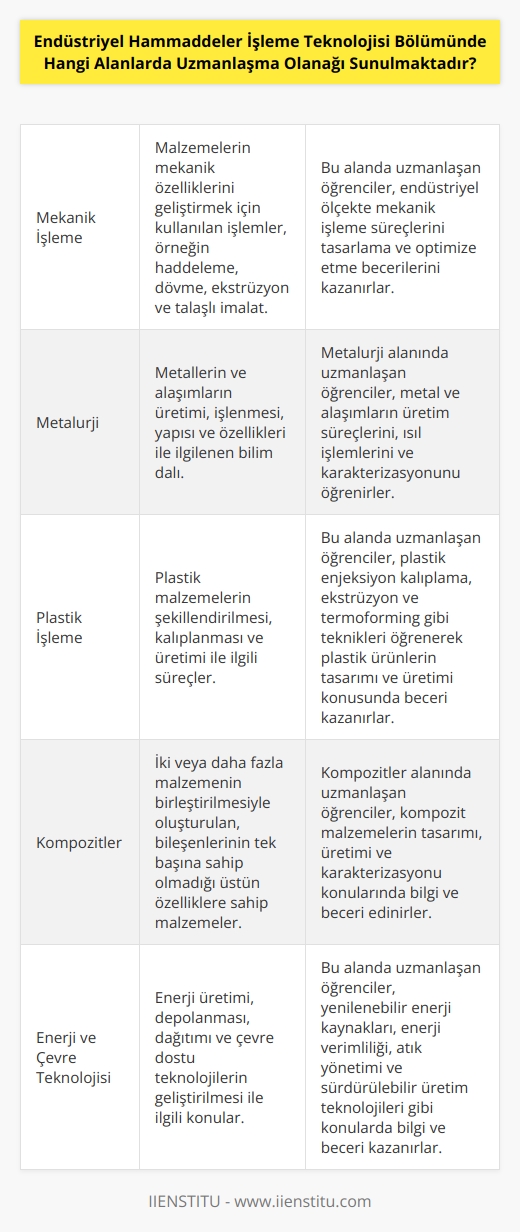 Endüstriyel hammaddeler işleme teknolojisi bölümünde öğrencilere sunulan alanlarda uzmanlaşma olanağı arasında, mekanik işleme, metalurji, termal işlemler, plastik işleme, kimyasal işlemler, kimyasal reaksiyonlar, kompozitler, geri dönüşüm, robotik teknolojisi, enerji ve çevre teknolojisi, kontrol sistemleri, makina tasarımı ve üretimi, mikro işlemler, görüntü işleme, ölçüm teknolojisi, gıda işleme, mühendislik malzemeleri ve üretim teknolojisi, kimyasal mühendislik, tekstil mühendisliği, mikro mühendisliği,   ,   , biyomühendislik ve dijital işlemler bulunmaktadır.