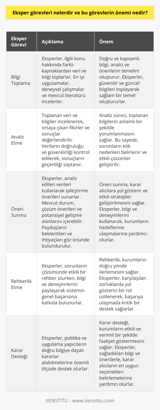 Eksper görevleri nelerdir?  Eksperler, bir konu veya sorun üzerine derin bilgi ve deneyime sahip kişilerdir. Eksperlerin temel görevleri arasında bilgi toplama, analiz etme ve öneri sunma süreçleri yer almaktadır. Aşağıda eksperlerin sorumlulukları hakkında daha fazla bilgi verilmektedir.  Bilgi toplama  Eksperler, ilgili konu hakkında verilere ve bilgilere ulaşarak farklı kaynaklardan veri toplarlar. Bu süreçte eksperler, alanlardaki en iyi uygulamaları, deneysel çalışmaları ve mevcut literatürü incelemek zorundadırlar.  Analiz etme  Toplanan veri ve bilgiler eksperler tarafından incelenerek, ortaya çıkan fikirler ve sonuçlar değerlendirilir. Bu değerlendirme sürecinde eksperler, verilerin doğruluğunu ve güvenilirliğini kontrol ederek, elde edilen sonuçların geçerliliğini saptarlar.  Öneri sunma  Eksperler, analiz edilen verileri kullanarak iyileştirme önerileri sunarlar. Bu öneriler mevcut durumu, çözüm önerileri ve potansiyel gelişme alanlarını içerebilir. Önerilerin sunulması sürecinde eksperlerin paydaşların beklentilerini ve ihtiyaçlarını göz önünde bulundurması önemlidir.  Eksper görevlerinin önemi nedir?  Eksper görevlerinin önemi, objektif ve doğru değerlendirmeler yapabilmek ve güvenilir önerilerle karar alıcılara yardımcı olabilmektir. İyi bir eksper, sorunların çözümünde etkili bir rehber olurken, aynı zamanda bilgi ve deneyimlerini paylaşarak sistemin genel başarısına katkıda bulunur. Ayrıca, eksperler politika ve uygulama yapıcıların doğru bilgiye dayalı kararlar alabilmelerine de önemli ölçüde destek olurlar. Eksperlerin görevleri, hedeflenen sonuçları elde etmek için etkili bir yol haritası sunarak, organizasyonların performansını artırmada kritik öneme sahiptir. Bu nedenle, eksper görevleri ve süreçleri doğru şekilde yerine getiren kritik öneme sahip durumlarda büyük etki sağlar ve başarılı sonuçlar elde edilmesine yardımcı olur.
