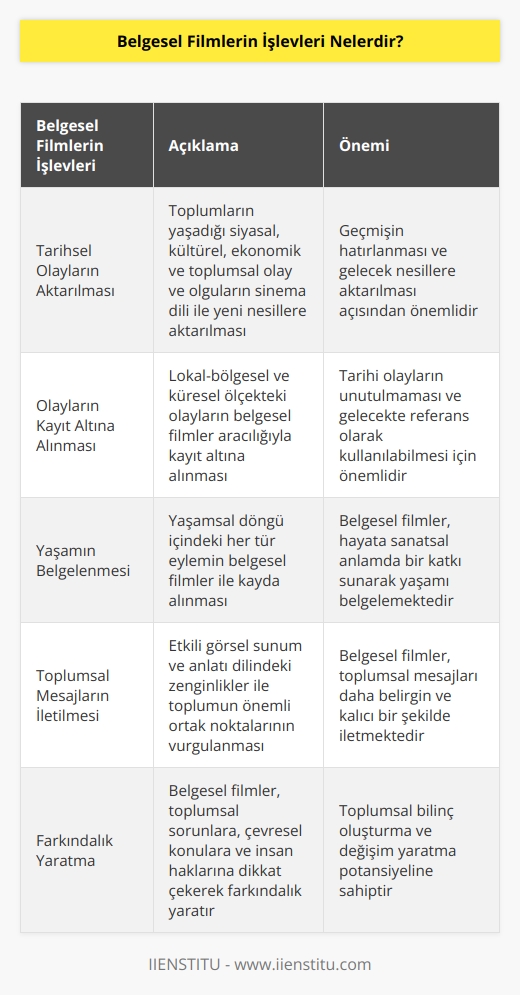 Tarihsel süreç içerisinde toplumların yaşadığı siyasal, kültürel, ekonomik ve toplumsal olay ve olguların, yeni anlatım teknikleri ve sinema dili ile özellikle yeni   a aktarılması işlevi. Lokal-bölgesel ve küresel ölçeğindeki olayların kayıt altına alınması da belgesel filmlerin işlevleri arasında sayılabilir. Yaşamsal döngü içindeki her tür eylemin kayda alınması ile belgesel filmler, hayata sanatsal anlamda bir katkı sunmaktadırlar. Etkili görsel sunum ve anlatı dilindeki zenginlikler ile toplumun önemli ortak noktalarının daha belirgin ve kalıcı etkisi belgesel filmler ile sağlanabilir.