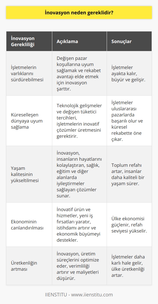 İşletmelerin varlıklarını sürdürebilmeleri ve küreselleşen dünyaya uyum sağlamaları için inovasyon gereklidir. Yaşam kalitesini yükseltmek ve ekonomiyi canlandırmak için gereklidir. Toplum refahının sağlanması ve üretkenliğin artması için de inovasyon gereklidir.