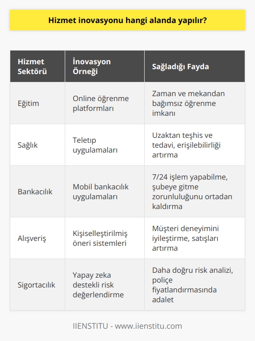 Hizmet inovasyonu geniş bir yelpazeyi içine alır. Bu eğitim, sağlık, bankacılık, alışveriş, temizlik, güvenlik sigortacılık gibi birçok alanı kapsar. Hayatın her alanındaki hizmeti kapsar.