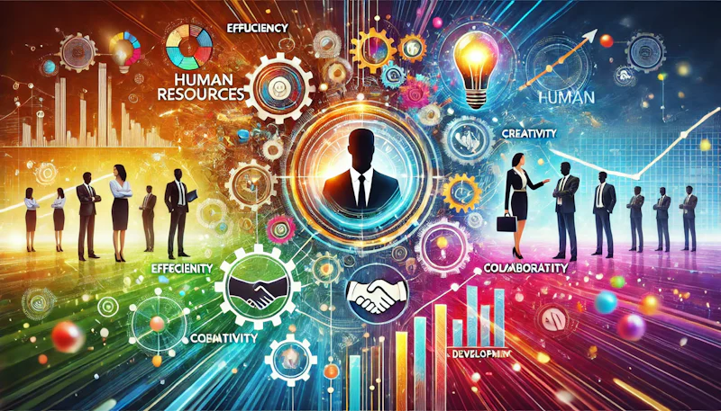 A dynamic and creative illustration showcasing the key characteristics of human resources. The image features a diverse group of individuals representing teamwork, leadership, communication, and innovation. Central elements include icons like gears for efficiency, light bulbs for creativity, a handshake for collaboration, and a growth chart for development. The background has a futuristic and vibrant design, highlighting inclusivity and energy in a professional setting.