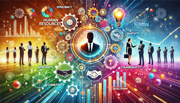 A dynamic and creative illustration showcasing the key characteristics of human resources. The image features a diverse group of individuals representing teamwork, leadership, communication, and innovation. Central elements include icons like gears for efficiency, light bulbs for creativity, a handshake for collaboration, and a growth chart for development. The background has a futuristic and vibrant design, highlighting inclusivity and energy in a professional setting.