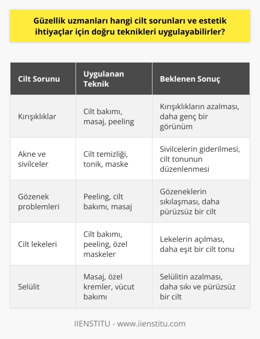Güzellik Uzmanlarının Cilt Sorunları ve Estetik İhtiyaçlar İçin Uyguladıkları Teknikler  Güzellik uzmanları, cilt sorunları ve estetik ihtiyaçlar için doğru teknikleri uygulamak amacıyla, kozmetik bilgisi ve teknolojinin getirilerini kullanarak sağlıklı ve uygun araçları tercih ederler. Bu doğrultuda, güzellik uzmanları kırışıklık sorunları, akne, sivilce, gözenek problemleri, çatlak ve selülit gibi estetik kaygıların giderilmesi konusunda deneyimli ve bilgili kişilerdir.  Cilt Sağlığına Yönelik Uygulamalar  Güzellik uzmanları, cildin sağlıklı, dinç, ve canlı görünümünü sağlamak için, maske, peeling, temizleme, tonik gibi teknikleri uygulayarak cilt bakımı gerçekleştirir. Ayrıca, kan dolaşımını hızlandırarak daha canlı bir cilt oluşturan masajlar uygulanır. Bu şekilde, güzellik uzmanları cilde ihtiyaç duyulan bakımı ve tedaviyi sağlarlar.  Yüzdeki Estetik Sorunların Giderilmesi  Güzellik uzmanları, yüzdeki lekelerin, kırışıklıkların veya aknelerin giderilmesi tedavisine de önem verir. Bu sorunların giderilmesi için uygulanabilecek cilt bakımı ve tedavi süreçleri takip edilerek, müşterilere en doğru ve sağlıklı yöntemler sunulur.  Özetle, güzellik uzmanları, insan anatomisi üzerine alınan eğitim ve mesleki bilgilerini kullanarak, sağlıklı ve etkili tekniklerle cilt sorunlarını çözmeye ve estetik kaygıları gidermeye yönelik hizmetler sunarlar. Bu doğrultuda, güzellik uzmanları, estetik ve güzellik alanında müşterilerinin ihtiyaçlarını karşılamak için uygun teknik ve müdahaleleri titizlikle uygulayan deneyimli ve bilgili kişilerdir.