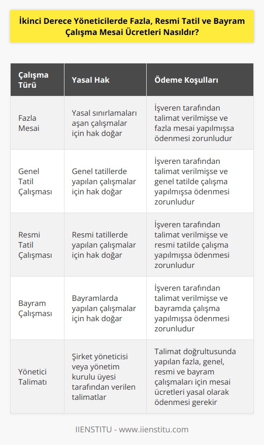 İşyerinde yasal sınırlamaları aşan çalışmalar için fazla, genel, resmi ve bayram çalışma mesai ücreti talep hakkı doğar. Şirketin yöneticisi veya yönetim kurulu üyesi tarafından hızla çalışma yapması yönünde bir talimat verilmekte ise fazla, genel, resmi ve bayram çalışması yapılmışsa mesai ücretleri yasal olarak ödenmesi gerekir.