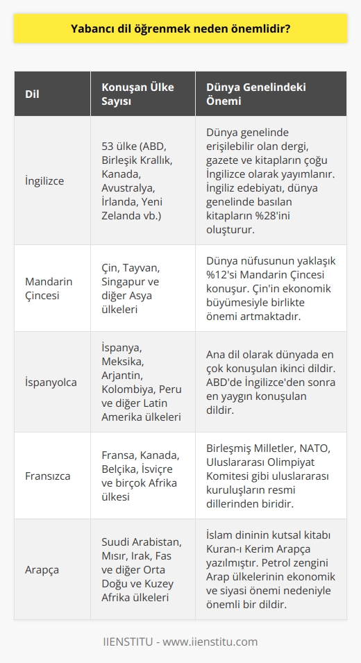 İngilizce günümüzde en yaygın olarak konuşulan dildir ve Mandarin Çincesi ile İspanyolcadan sonra, ana dil olarak en çok konuşulan üçüncü dildir. 53 ülke bu dili resmi olarak kullanmaktadır; örnek olarak Amerika Birleşik Devletleri, Birleşik Krallık, Kanada, Avustralya, İrlanda ve Yeni Zelanda sayılabilir. Yabancı dil olarak öğrenenlerin sayısı önümüzdeki yıllarda 2 milyarı aşması bekleniyor. Bu nedenle, yabancı dil öğreniminin önemi kesinlikle küçümsenemez.  Dil Öğreniminin Faydaları  Yabancı dil öğrenmek, dünyadaki en tatmin edici duygulardan birini sağlar: farklı bir dilde kendini ifade edebilme yeteneği. İngilizce, kısa sürede öğrenilebilecek bir dil olduğu için, öğrenmek isteyenlerin hayatına birçok fırsat sunar. Mesela, dünya genelinde erişilebilir olan çoğu dergi, gazete ve kitap İngilizce olarak yayımlanır ve İngiliz edebiyatı dünya genelinde basılan kitapların %28ini oluşturur.  İş Dünyası ve İngilizce  İş dünyasında başarı, büyük ölçüde iletişime bağlıdır ve bu iletişim çoğunlukla İngilizce gerçekleşir. İşletmeler, geniş pazarlara hitap etmek istiyorlarsa, yabancı dilde iletişim kurma becerisi şarttır. İngilizceyi akıcı şekilde ve uygun ifade tarzıyla kullanabilme yeteneği, şirketleri dünya pazarında bir adım öne çıkarır ve kar etme şansını artırır.  Küreselleşme ve İngilizce  Küreselleşen dünyada, uluslararası şirketler coğrafyalar arası işbirliği sağlamak için İngilizce iletişim kurmayı tercih ediyorlar. Nissan, Honda ve Siemens gibi şirketler, İngilizce iletişim sayesinde dünya genelinde işbirliği yapmaktadırlar. Bu nedenle,    ve iş bulmak için yabancı dil bilgisi büyük bir etken olarak görülmektedir. Tek dil bilen adaylar, iki veya daha fazla dil konuşabilen adaylara göre işe alınma ihtimali daha düşüktür.  Sonuç olarak, İngilizce öğrenme süreci başlangıçta zor ve ürkütücü gibi görünse de, bu dilin öğrenilmesinin sağlayacağı ödüller hayatınızı birçok açıdan genişletebilir ve geliştirebilir. İster iş dünyasında başarılı olmak, ister kültürel zenginliklere erişmek için olsun, İngilizce öğrenmenin önemi günümüz dünyasında hiç olmadığı kadar büyüktür.