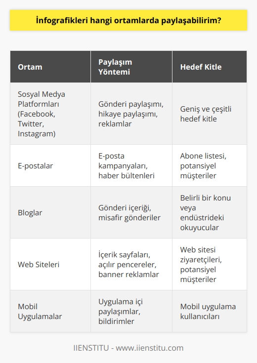 İnfografikler, çeşitli sosyal medya platformları, e-postalar, bloglar, web siteleri ve mobil uygulamalar gibi çeşitli ortamlarda paylaşılabilir.