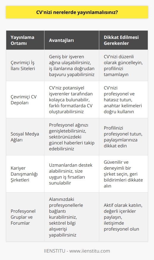 CVnizi potansiyel işverenlerinizin bulacağı ortamlarda yayınlamalısınız. Bunlar arasında çevrimiçi   , çevrimiçi CV depoları, sosyal medya ağları, kariyer danışmanlığı şirketleri ve sizin alanınızla ilgili profesyonel gruplar bulunur. Ayrıca, başvurduğunuz işlerin pozisyon açıklamalarında özgeçmişinizi doğrudan işvereninize yollamayı da deneyebilirsiniz.