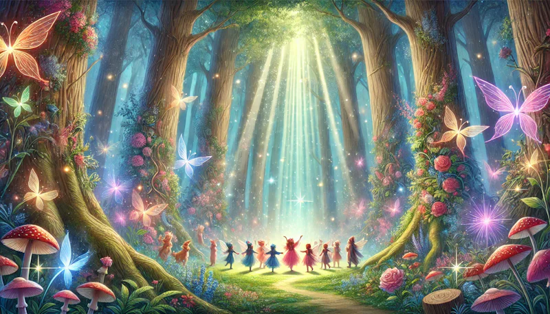 Derin ve büyülü bir ormanda geçen sahne, devasa ağaç gövdelerinden sızan sihirli ışık huzmeleri, etrafta parıldayan renkli çiçekler ve loş sisler; sahnenin merkezinde bir grup çocuk, renkli kostümler içinde yaratıcı drama yaparken ağaç, hayvan ve orman perisi rollerine bürünüyor. Işıl ışıl, masalsı bir atmosfer ve pastel tonlarda yumuşak bir aydınlatma hâkim. Orman tabanında gizemli yaratıklar ve mistik semboller detaylı biçimde görülebiliyor. Yüksek çözünürlük, detaylı çizim stili, masal kitabı illüstrasyonu gibi.