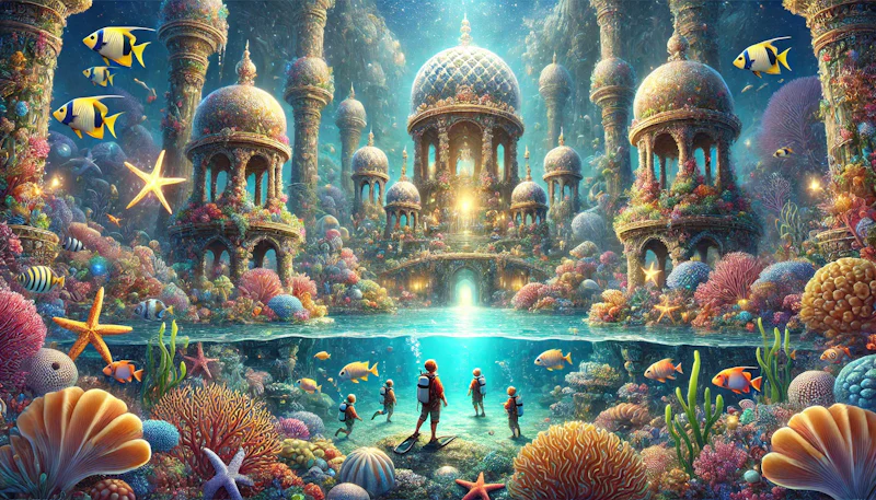 Parlak turkuaz sularda, dev mercan kayalıkları ve rengârenk balık sürülerinin arasında yüzen bir dalgıç ekibi. Arka planda masalsı bir su altı şehri silueti ve inci gibi parlayan kubbeler görülüyor.