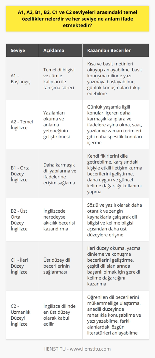 İngilizce Dil Seviyelerinin Temel Özellikleri  İngilizce dil seviyeleri, Avrupa dil portföyü tarafından belirlenmiş olan A1, A2, B1, B2, C1 ve C2 şeklinde ayrılır. Her dil seviyesi, farklı özelliklere sahiptir ve öğrencilerin İngilizce öğrenme süreçlerini yönlendiren önemli bir yapı oluşturur.  A1 Seviyesi - Başlangıç  A1 seviyesi, temel dilbilgisi ve cümle kalıpları ile tanışma sürecini ifade eder. Bu seviyede öğrenciler, kısa ve basit metinleri okuyup anlayabilir, basit konuşma dilinde yazı yazmaya başlayabilir ve günlük konuşmaları takip edebilirler. A1 seviyesi, ileri İngilizce dil çalışmalarının temelini atar.  A2 Seviyesi - Temel İngilizce  A2 seviyesi, öğrencilerin yazılanları okuma ve anlama yeteneğini daha da geliştirir. Bu düzeyde öğrenciler, günlük yaşamla ilgili konuları içeren daha karmaşık kalıplara ve ifadelere aşina olurlar. Ayrıca saat, yazılar ve zaman terimleri gibi daha spesifik konuları içerir.  B1 Seviyesi - Orta Düzey İngilizce  B1 seviyesinde öğrenciler, daha karmaşık dil yapılarına ve ifadelerine erişim sağlarlar. Bu seviyede, kendi fikirlerini dile getirebilme ve karşısındaki kişiyle etkili iletişim kurma becerileri geliştirirler. Ayrıca daha uygun ve güncel olan kelime dağarcığı kullanımı yaparlar.  B2 Seviyesi - Üst Orta Düzey İngilizce  B2 seviyesi, öğrencilere İngilizcede neredeyse    becerisi kazandırır. Bu düzeyde öğrenciler, sözlü ve yazılı olarak daha otantik ve zengin kaynaklarla çalışarak, dil bilgisi ve kelime bilgisi açısından daha üst düzeylere erişirler.  C1 Seviyesi - İleri Düzey İngilizce  C1 seviyesi, öğrencilere üst düzey dil becerileri sağlar. Bu seviye ile birlikte öğrenciler, ileri düzey okuma, yazma, dinleme ve konuşma becerilerini geliştirebilirler. Ayrıca, çeşitli dil alanlarında başarılı olmak için gerekli kelime dağarcığını da kazanırlar.  C2 Seviyesi - Uzmanlaşma Düzeyi İngilizce  C2 seviyesi, İngilizce dilinde en üst düzey olarak kabul edilir. Bu seviyede öğrenciler, öğrenilen dil becerilerini mükemmelliğe ulaştırırlar. Bu düzeyde dilde neredeyse anadili düzeyinde rahatlıkla konuşabilme ve yazı yazabilme becerisinin yanı sıra farklı alanlardaki özgün literatürleri anlayabilme özelliği kazanılır.  Sonuç olarak, farklı dil seviyeleri, öğrencilerin İngilizce öğrenme süreçlerini belirleyici ve yönlendirici bir yapı sağlar. Başarıya ulaşmak için, her seviyenin temel özelliklerini göz önünde bulundurarak İngilizce öğrenme sürecini gerçekleştirmek önemlidir.