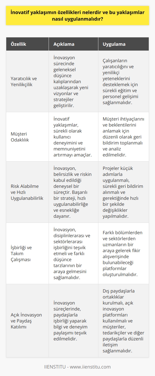 İnovatif Yaklaşımın Özellikleri  İnovatif yaklaşım, gerçek yaşamın mevcut yapılarıyla sınırlı kalmayan, sürekli olarak yeni ve yaratıcı fikirlerin üretildiği bir süreçtir. İnovasyon, problem çözme ve yeni fırsatları değerlendirme yeteneğini kullanarak mevcut durumu ve geleceği şekillendirir. Özünde, inovatif yaklaşımın özellikleri şunlardır:  Yaratıcılık ve Yenilikçilik: İnovasyonda temel unsur, sürekli gelişim ve başarı sağlamak için yenilikçi ve yaratıcı düşünme yeteneğidir. İnovasyon sürecinde, geleneksel düşünce kalıplarından uzaklaşarak yeni vizyonlar ve stratejiler geliştirirse, rekabet avantajı elde edilir.    : İnovasyon sürecinde, her zaman müşteri ihtiyaçlarını ve beklentilerini göz önünde bulunduran çözümler sunmak esastır. İnovatif yaklaşımlar, sürekli olarak kullanıcı deneyimini ve tatminini artırmayı amaçlar.  Risk Alabilme ve Hızlı Uygulanabilirlik: İnovatif yaklaşımlar, belirsizlik ve riskin kabul edildiği deneysel süreçlerdir. Başarılı bir inovasyon stratejisi, hızlı uygulanabilirliğe ve esneklikle müdahale etmeye dayanmaktadır.  İnovatif Yaklaşımların Uygulanması  Etkili bir inovasyon stratejisinin uygulanması için takip edilmesi gereken bazı önemli adımlar vardır:  Çalışanların Yetkinliklerini Geliştirme: İnovasyon sürecinde çalışanların yaratıcılığını ve    yeteneklerini desteklemek önemlidir. Sürekli eğitim ve personel gelişimi, inovatif düşünce ve becerilerin artması için gereklidir.  İşbirliği ve Takım Çalışması: İnovasyon, disiplinlerarası ve sektörlerarası işbirliği ve takım çalışmasını teşvik etmeli ve farklı düşünce tarzlarının bir araya gelmesini sağlamalıdır.  Açık İnovasyon ve Paydaş Katılımı: İnovasyon süreçlerinde, paydaşlarla işbirliği yaparak bilgi ve deneyim paylaşımı teşvik edilmelidir. Açık inovasyon anlayışı, farklı disiplinlerin ve sektörlerin işbirliği ile daha hızlı ve etkili çözümler elde etmeye olanak tanır.  Sürekli İyileştirme ve Değerlendirme: İnovasyon süreçlerinin sürekli olarak gözden geçirilmesi ve yeniden değerlendirilmesi, etkinliğin artırılması ve başarıların sürdürülmesi için gereklidir. İnovasyon faaliyetlerinin sonuçları, hedeflerle ve performans göstergeleriyle düzenli olarak karşılaştırılarak potansiyel iyileştirmeler tespit edilmeli ve uygulanmalıdır.