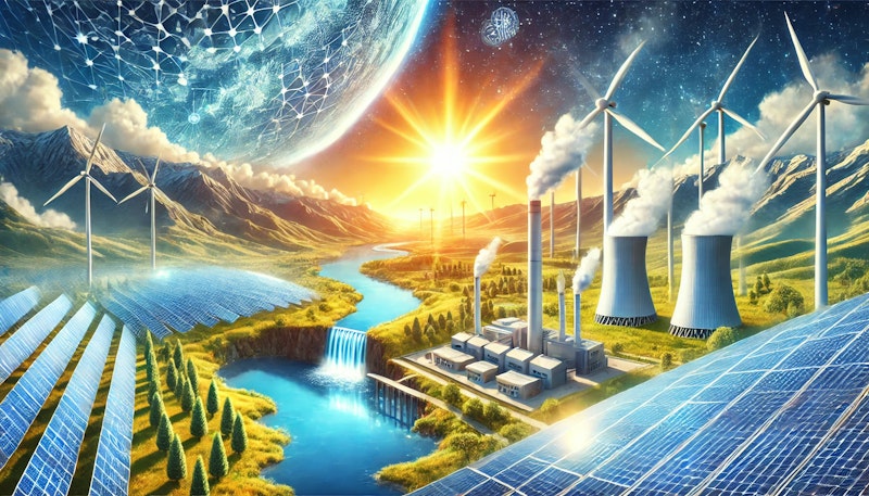 Bu görsel, güneş panelleri, rüzgar türbinleri, jeotermal tesis ve hidroelektrik barajı gibi yenilenebilir enerji kaynaklarını bir arada tasvir ediyor. Parlak ve umut dolu bir manzara, sürdürülebilir bir geleceği simgeliyor.