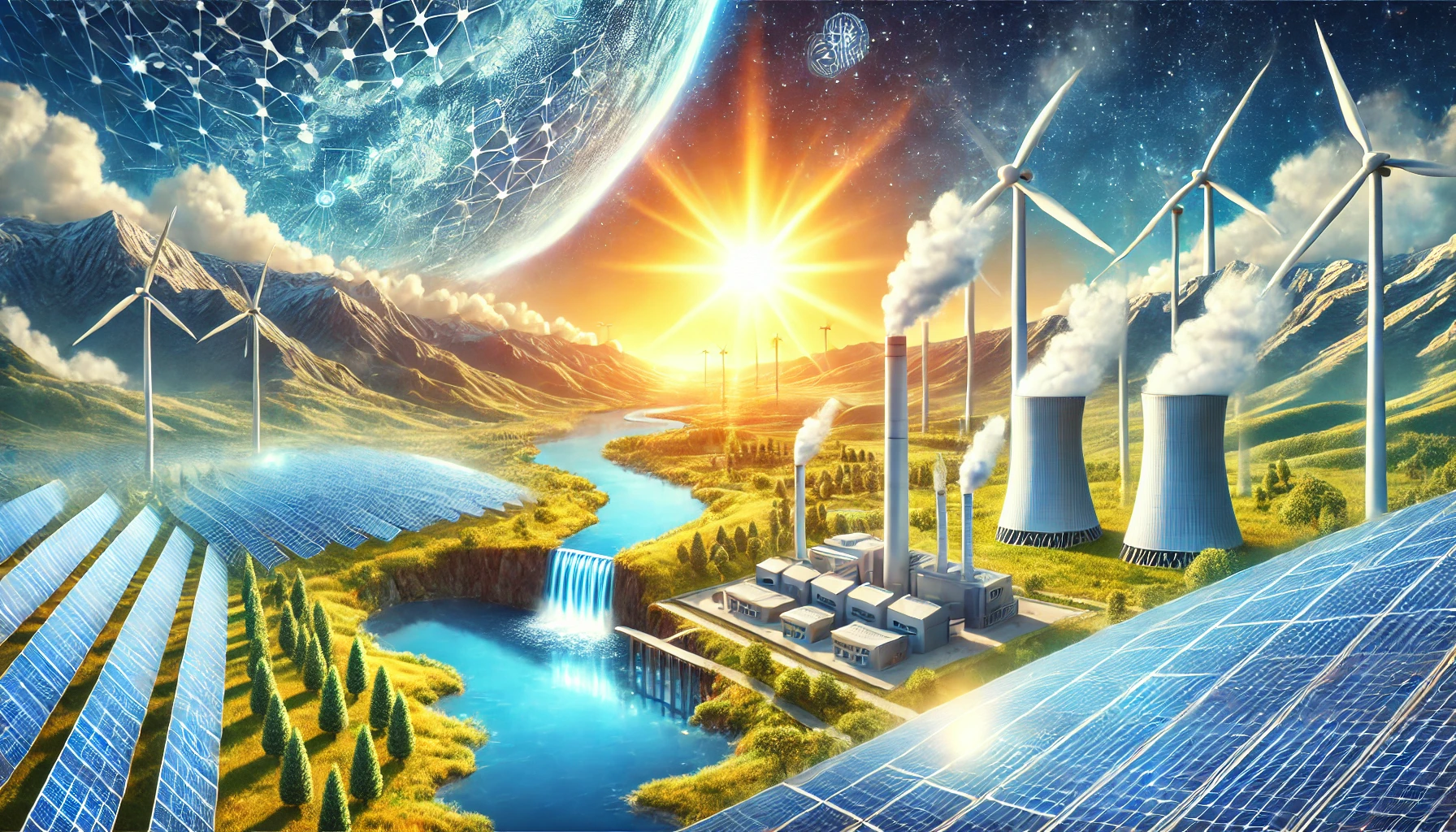 Bu görsel, güneş panelleri, rüzgar türbinleri, jeotermal tesis ve hidroelektrik barajı gibi yenilenebilir enerji kaynaklarını bir arada tasvir ediyor. Parlak ve umut dolu bir manzara, sürdürülebilir bir geleceği simgeliyor.