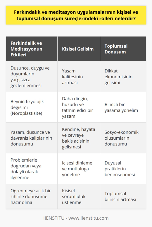 Farkındalığın ve Meditasyonun Önemi  Farkındalık ve meditasyon uygulamalarının, hem kişisel hem de toplumsal düzeyde dönüşüm sağlayıcı etkileri günümüzde giderek daha fazla önem kazanmaktadır. Tarih boyunca farkındalık kavramı ve bilinçli farkındalık uygulamaları, insanların düşünce, duygu ve duyumlarını yargısızca gözlemlemeye yönelik bir kişisel gelişim pratikleri olarak önemini korumuştur.    Nöroplastisite ve Beyin Değişimi  Farkındalık ve meditasyon çalışmalarının özellikle nöroplastisite üzerinden beynin fizyolojik değişimine yardımcı olduğu bilimsel açıdan ispatlanmış bir gerçektir. Bu çalışmaların sonuçlarıyla kişinin yaşam düşünce ve davranış kalıplarının dönüşüm süreci hızlanmakta ve yaşamın niteliği gelişmektedir.  Kişisel Gelişim ve Yaşam Değişikliği  Bu dönüşüm süreçleri, insanın özel ve iş hayatında yaşam biçimine olumlu yönde değişiklikler getirir ve yaşam kalitesini arttırır. Örneğin nefes egzersizleri ve meditasyon çalışmaları, kişinin kendine, hayata ve çevreye bakış açısını geliştirerek, daha dingin, huzurlu ve tatmin edici bir yaşam sürecine katkı sağlar.  Farkındalık Pratiği ve Dikkat Ekonomisi  Yapılan farkındalık uygulamaları sadece kişisel yaşamı etkilemekle kalmaz, toplumsal ölçekte de dikkat ekonomisinin gelişimini sağlar. Zamanla bu uygulamaların yapıldığı mekanlarda ve sektörlerde, insanların daha bilinçli bir yaşama yönelmeleri ve özellikle duyusal pratikleri benimsemeleri aracılığıyla sosyo-ekonomik oluşumlar bir dönüşüm sürecine girer.  Eleştirel Bir Bakış: Sorumluluk ve Mutluluk  Farkındalık uygulamaları sayesinde kişi, yaşamındaki problemlerle doğrudan veya dolaylı olarak ilgilenmekte ve kendini daha mutlu hissedebilmek için iç sesini dinlemeye devam etmektedir. Bu süreçte önemli olan, başkalarının yüklediği yaşam sorumluluklarını değil, sadece kendine dair olanları üstlenmek ve öğrenmeye açık bir zihinle daima dönüşüme hazır olmaktır.