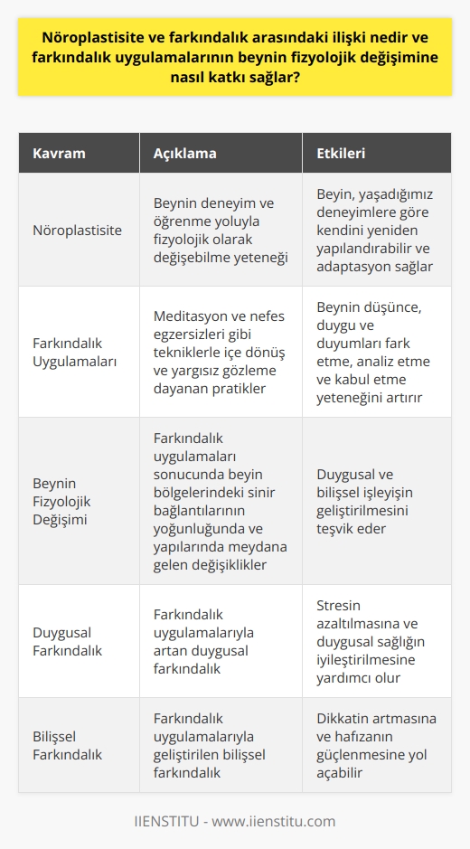 Farkındalık ve Nöroplastisite İlişkisi  Nöroplastisite ve farkındalık arasındaki ilişki, bilim dünyası tarafından hâlâ keşfedilmekte olan bir konudur. Nöroplastisite, beynin deneyim ve öğrenme yoluyla fizyolojik olarak değişebilme yeteneğidir. Yani beyin, yaşadığımız deneyimlere göre kendini yeniden yapılandırabilir ve adaptasyon sağlar. Farkındalık uygulamaları ise tam olarak bu mekanizmayı harekete geçirir.   Farkındalık Uygulamaları ve Beynin Fizyolojik Değişimi  Farkındalık uygulamaları, genellikle meditasyon ve nefes egzersizleri gibi tekniklerle içe dönüş ve yargısız gözleme dayanır. Bu pratikler, beynin düşünce, duygu ve duyumları fark etme, analiz etme ve kabul etme yeteneğini artırır. Uygulandıkça, beynin struktürü ve fonksiyonları değişir. Bu değişiklikler nöroplastisite olarak adlandırılır ve genellikle beyin bölgelerindeki sinir bağlantılarının yoğunluğunda ve yapılarında meydana gelir.   Nöroplastisite: Farkındalığın Etkin Araçlarından  Farkındalık uygulamalarının nöroplastisite üzerindeki etkisi, kişinin duygusal ve bilişsel işleyişini iyileştirme potansiyeli taşır. Duygusal farkındalığın artması, stresin azaltılmasına ve duygusal sağlığın iyileştirilmesine yardımcı olur. Bilişsel farkındalığın geliştirilmesi, dikkatin artmasına ve hafızanın güçlenmesine yol açabilir. Bu süreçler beynin fizyolojik olarak değişimine katkıda bulunarak, duygusal ve bilişsel işleyişin geliştirilmesini teşvik eder.  Sonuç olarak, nöroplastisite ve farkındalık arasındaki iltisak, gelişim ve değişim üzerinde etkili bir etkileşimdir. Farkındalık uygulamaları, beynin yeniden yapılandırılmasına yardımcı olarak kişisel gelişimimize destek sağlar. Bu sürecin bilincinde olarak, olumlu bir yaşam biçimi ve düşünce kalıbı oluşturabiliriz.