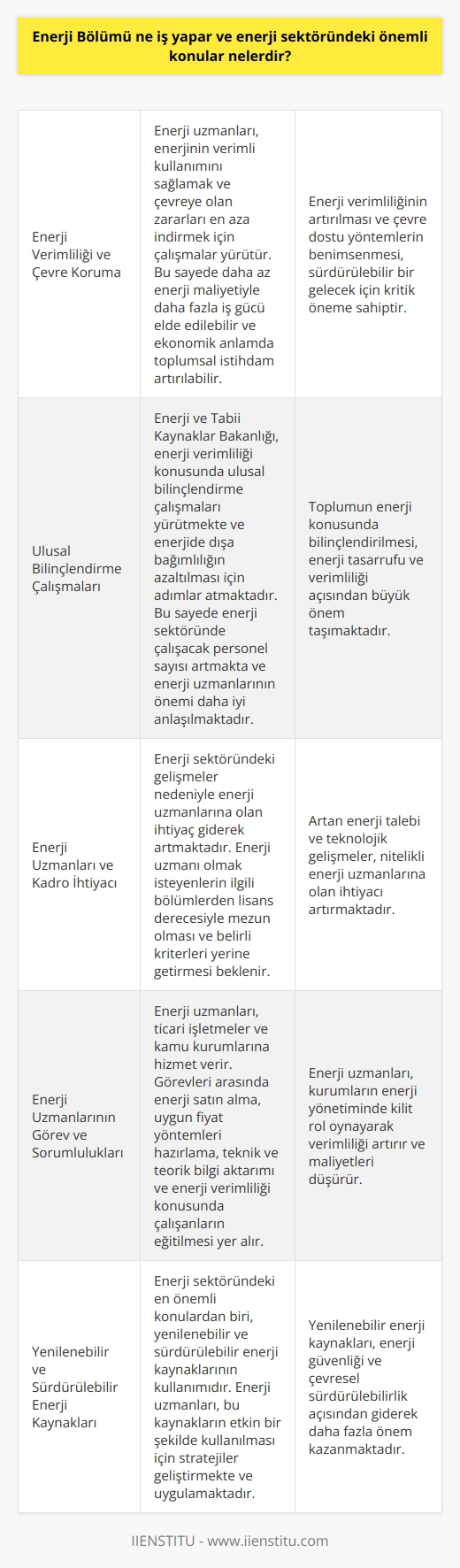 Enerji Bölümü Ne İş Yapar ve Enerji Sektöründeki Önemli Konular Nelerdir?  Enerji bölümü çalışanları ve enerji uzmanları, kurum ve işletmelerin enerji sistemlerinin daha verimli ve işlevsel hale getirilmesi için önemli roller üstlenirler. Enerji kullanımını değerlendirerek etkin yönetim sağlamak ve yeni yöntemlerle enerjinin verimli kullanılmasını amaçlamaktadırlar. Özellikle yenilenebilir ve sürdürülebilir enerji kaynakları, enerji sektöründeki önemli konuların başında gelmektedir.  Enerji Verimliliği ve Çevre Koruma  Enerji uzmanlarının görevlerinden biri de enerjinin verimli kullanımının sağlanması ve çevreye olan zararlı etkilerinin önlenebilmesi için çalışmalar yürütmektir. Bu sayede daha az enerji maliyeti ile daha fazla iş gücü elde edilebilir ve ekonomik anlamda toplumsal istihdam artırılabilir.  Ulusal Bilinçlendirme Çalışmaları  Ulusal anlamda enerji verimliliği ile ilgili bilinçlendirme çalışmalarının yürütülmesi ve enerjide dışa bağımlılığın azalması için enerji ve tabii kaynaklar bakanlığı da bu konuda ciddi adımlar atmaktadır. Böylece enerji sektöründe çalışacak personel sayısının artması ve enerji uzmanlarının önemi daha çok anlaşılmaktadır.  Enerji Uzmanları ve Kadro İhtiyacı  Son yıllarda enerji sektöründeki gelişmeler nedeniyle enerji uzmanlarına duyulan ihtiyaç giderek artmaktadır. Enerji uzmanı olmak isteyen kişilerin üniversitelerin ilgili bölümlerinden lisans derecesi ile mezun olması ve belirli kriterleri yerine getirmesi beklenir. Bu alanlarda çalışacak uzmanlar, enerji verimliliği ve çevre koruma konularında önemli atılımlar sağlayabilirler.  Enerji Uzmanlarının Görev ve Sorumlulukları  Enerji uzmanlarının çalışma alanı oldukça geniştir ve özellikle ticari işletmeler ile kamu kurumlarına hizmet verirler. Görev aldıkları iş sahasına bağlı olarak farklı sorumlulukları bulunmakla birlikte, enerji satın alma ve uygun fiyat yöntemleri hazırlama, teknik ve teorik bilgi aktarımı ve enerji verimliliği konusunda çalışanların eğitilmesi gibi önemli işleri üstlenirler.  Sonuç olarak, enerji bölümündeki çalışanlar ve enerji uzmanları; enerji verimliliğini artırma, çevre dostu yöntemlerin benimsenmesi ve enerji sektöründe bilinçli adımlar atılabilmesi için önemli roller oynamaktadırlar. Bu sayede hem ekonomik hem de çevresel açıdan kazanımlar elde edilmesi hedeflenmektedir.