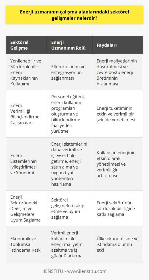 Sektörel Gelişmeler ve Enerji Uzmanının Rolü  Enerji sektöründe yaşanan sektörel gelişmeler sayesinde enerji uzmanları, kurum ve işletmeler için önemli bir kadro olarak görülmektedir. Verimli enerji kullanımı sağlayarak enerji maliyetini azaltan ve iş gücünü artıran enerji uzmanları, ekonomik ve toplumsal istihdama katkıda bulunmaktadır. Bu bağlamda, enerji uzmanlarının çalışma alanlarındaki sektörel gelişmeleri incelemekte fayda vardır.  Yenilenebilir ve Sürdürülebilir Enerji Kaynakları  Enerji uzmanlarının üzerinde önemle durduğu konulardan biri yenilenebilir ve sürdürülebilir enerji kaynaklarıdır. Bu kaynakların etkin kullanımı ve entegrasyonu enerji uzmanların temel sorumlulukları arasında yer alır. Bu sayede hem enerji maliyetleri düşürülmekte hem de çevre dostu enerji üretimi hız kazanmaktadır.  Enerji Verimliliği Bilinçlendirme Çalışmaları  Ulusal düzeyde enerji verimliliği konusunda önemli bilinçlendirme çalışmaları yürütülmektedir. Enerji uzmanları, bu alanda personel eğitimi vererek enerji kullanım programları oluşturmakta ve bilinçlendirme faaliyetleri yapmaktadır. Bu çalışmalar çerçevesinde, enerji tüketiminin etkin ve verimli bir şekilde yönetilmesi amaçlanmaktadır.  Enerji Sistemlerinin İyileştirilmesi ve Yönetimi  Enerji uzmanların diğer önemli bir görevi de kurum ve işletmelerin enerji sistemlerinin daha verimli ve işlevsel hale getirilmesidir. Kullanılan enerjinin etkin olarak yönetilmesini sağlayarak enerjinin verimli hale getirilmesi enerji uzmanın ana sorumluluklarındandır. Ayrıca, enerji satın alma ve uygun fiyat yöntemleri hazırlamak da enerji uzmanın önemli bir diğer sorumluluğudur.  Sonuç olarak, enerji uzmanlarının çalışma alanlarındaki sektörel gelişmeler sürekli değişim göstermekte ve bu durum enerji uzmanlarının önemini her geçen gün daha da artırmaktadır. Bu sebeple enerji uzmanları, enerji sektöründeki değişim ve gelişmelere uyum sağlayarak, sektörün sürdürülebilirliğine katkı sağlamaktadır.