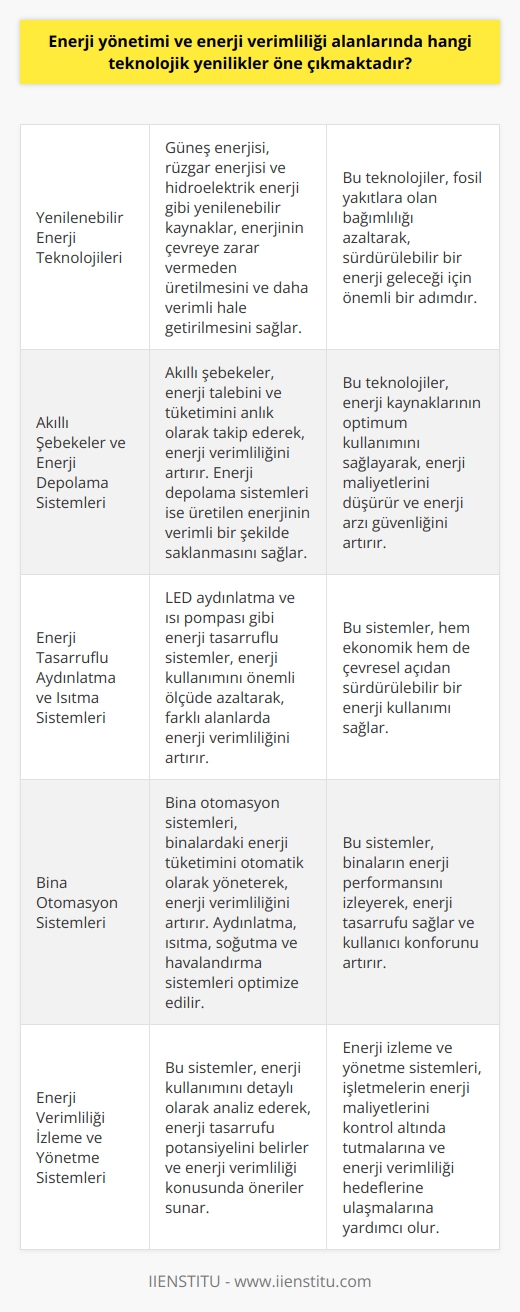 Enerji Yönetimi ve Verimliliği Alanlarında Teknolojik Yenilikler  Enerji uzmanları, enerji yönetimi ve verimliliği konularında son derece önemli bir role sahiptir. Özellikle enerji sektöründeki gelişmeler ve daha az enerji kullanarak daha fazla iş gücü sağlama hedefleri doğrultusunda, enerji yönetimi ve enerji verimliliği alanlarında önemli teknolojik yenilikler öne çıkmaktadır. Bu yenilikler enerji sektöründe ekonomik ve çevresel sürdürülebilirliği sağlamak amacıyla geliştirilmekte ve enerji uzmanları tarafından sürekli olarak değerlendirilmektedir.   Yenilenebilir Enerji Teknolojileri  Yenilenebilir enerji teknolojileri, enerji yönetimi ve enerji verimliliği alanında en önemli yeniliklerden biridir. Güneş enerjisi, rüzgar enerjisi, hidroelektrik enerji gibi yenilenebilir enerji kaynakları, enerjinin çevreye zarar vermeden üretilmesini ve daha verimli hale getirilmesini sağlamaktadır.  Akıllı Şebekeler ve Enerji Depolama Sistemleri  Akıllı şebekeler, enerji talebini ve tüketimini anlık olarak takip ederek, enerji verimliliğini artırmak için önemli bir teknolojidir. Bu şebekeler sayesinde, enerji kullanım önceliklerine göre enerji dağıtımı optimize edilmekte ve enerji kaynakları daha verimli kullanılmaktadır. Enerji depolama sistemleri ise, üretilen enerjinin verimli bir şekilde saklanmasını ve ihtiyaç halinde kullanılmasını sağlamaktadır.  Enerji Tasarruflu Aydınlatma ve Isıtma Sistemleri  Enerji verimliliği alanında öne çıkan bir diğer yenilik ise, LED aydınlatma ve ısı pompası gibi enerji tasarruflu aydınlatma ve ısıtma sistemleridir. Bu sistemler, enerji kullanımını önemli ölçüde azaltarak, farklı alanlarda enerji verimliliğini artırmaktadır.  Bina Otomasyon Sistemleri  Bina otomasyon sistemleri, enerji yönetimi ve verimliliği açısından önemli teknolojik yeniliklerden biridir. Bu sistemler, binalardaki enerji tüketimini otomatik olarak yöneterek, enerji verimliliğini artırmaktadır. Bina otomasyon sistemleri sayesinde, aydınlatma, ısıtma, soğutma ve havalandırma sistemleri enerji tasarrufu sağlayacak şekilde optimize edilmektedir.  Enerji Verimliliği İzleme ve Yönetme Sistemleri  Enerji yönetimi ve verimliliği alanında kullanılan izleme ve yönetme sistemleri, enerji kullanımını detaylı olarak analiz ederek enerji tasarrufu potansiyelini belirlemektedir. Bu sistemler vasıtasıyla, enerji kullanımına ilişkin bilgiler toplanmakta ve enerji verimliliği konusunda öneriler sunulmaktadır. Bu teknolojik yenilikler, enerji uzmanları tarafından enerji yönetimi ve verimliliği alanında önemli başarılar elde edilmesini sağlamıştır.