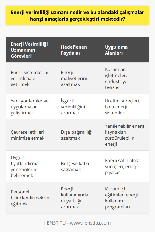 Enerji Verimliliği Uzmanı ve Amaçları  Enerji verimliliği uzmanı, kurum ve işletmelerde kullanılan enerji sistemlerini daha verimli ve işlevsel hale getirmeyi amaçlayan kişilerdir. Bu alandaki çalışmaların başlıca amacı, enerji kullanımını etkin şekilde yöneterek, hem ekonomik hem de çevresel açıdan olumlu sonuçlar elde etmektir.   Enerji Verimliliğini Artırma Yöntemleri  Enerji uzmanları, enerji kullanımının değerlendirilmesi ve verimli hale getirilmesi için yeni yöntemler ve uygulamalar geliştirirler. Bu sayede enerji maliyetlerini azaltarak, işletmelerin ve kurumların daha fazla iş gücü elde etmelerini sağlarlar. Ayrıca, enerji verimliliği sayesinde dışa bağımlılığın azalması ve toplumsal istihdamın artması hedeflenmektedir.  Çevreyi Koruma ve Sürdürülebilir Enerji Kaynakları  Enerji uzmanları, enerjinin verimli kullanılmasıyla birlikte, çevreye olan zararlı etkilerin minimize edilmesini sağlarlar. Özellikle yenilenebilir ve sürdürülebilir enerji kaynaklarına yönelik çalışmalar yaparak, enerji kullanımında çevresel etkileri en aza indirgemeyi amaçlarlar.   Enerji Fiyatlandırması ve Satın Alma  Enerji uzmanları, enerji satın alma süreçlerinde uygun fiyat yöntemlerini belirlemekte önemli bir role sahiptirler. Bu sayede enerji maliyetlerinin daha düşük seviyelerde tutulması ve işletmelerin bütçelerine katkı sağlanması hedeflenmektedir.  Personel Eğitimi ve Bilinçlendirme  Enerji verimliliği uzmanları, kurum ve işletme personellerine enerji verimliliği konusunda eğitimler vererek bilinçlendirme faaliyetleri gerçekleştirirler. Bu eğitimlerle, teknik ve teorik bilgiler aktararak enerji kullanım programlarını oluşturarak, personelin enerji verimliği konusunda daha duyarlı hale gelmesi amaçlanmaktadır.  Sonuç  Enerji verimliliği uzmanı, enerji kullanımını etkin yöneterek, ekonomik ve çevresel açıdan olumlu sonuçların elde edilmesini hedefleyen önemli bir meslek çalışanıdır. Kurum ve işletmelerin enerji ihtiyacını en optimum şekilde karşılamak amacıyla enerji yönetimi, yenilenebilir enerji, fiyatlandırma ve eğitim gibi çeşitli alanlarda çalışmalarını sürdürmektedirler.