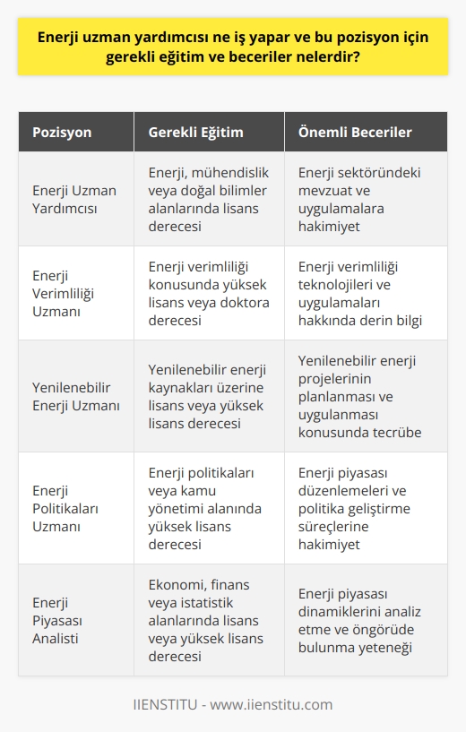**Enerji Uzman Yardımcısı Görevleri**  Enerji uzman yardımcısı, enerji sektöründeki projelerin uygulanmasında ve yönetiminde çalışan profesyonellerdir. Bu görevliler, enerji politikalarının belirlenmesi, enerji kaynaklarının kullanımı ve enerji talebi öngörüleri gibi süreçlere katkı sağlarlar. Ayrıca kamudaki kurum ve kuruluşlarla koordinasyon sağlayarak, enerji piyasasına ilişkin düzenlemelerin ve kararların uygulanmasını denetlerler.  **Eğitim ve Öğrenim Gereksinimleri**  Enerji uzman yardımcısı olabilmek için, genellikle enerji, mühendislik veya doğal bilimler alanlarında lisans derecesi gerekmektedir. İlgili alanlardaki yüksek lisans ve doktora dereceleri ise bu görevlerin üst düzeylerinde tercih sebebi olmaktadır. Ayrıca Türkiye Cumhuriyeti vatandaşı olmak ve Kamu Personeli Seçme Sınavından (KPSS) yeterli puan almak da önemlidir.  **Gerekli Beceriler ve Nitelikler**  Enerji uzman yardımcısı adaylarının, enerji sektöründeki mevzuat ve uygulamalara hakim olması esastır.    becerileri ile iletişim ve takım çalışması yetenekleri de önem taşımaktadır. Ayrıca enerji verimliliği, yenilenebilir enerji ve enerji politikaları gibi alanlarda bilgi sahibi ve yenilikleri takip edebilme kabiliyeti göstermek önemli bir artıdır.  **Mesleki Gelişim ve Kariyer Fırsatları**  Enerji uzman yardımcıları, hizmet içi eğitim programları ve seminerler aracılığıyla mesleki bilgi ve becerilerini geliştirme imkanı bulurlar. Bu sayede mesleki kariyerlerinde enerji uzmanı, enerji verimliliği uzmanı veya enerji politikaları uzmanı gibi daha üst düzey pozisyonlarda görev alabilmektedirler. Ayrıca, enerji sektöründe faaliyet gösteren özel şirketler, düşünce kuruluşları ve uluslararası enerji örgütleri gibi alanlarda da istihdam olanakları bulunmaktadır.