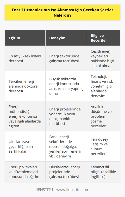 Enerji uzmanlarının işe alınması için gereken şartlar şunlardır:  1. Enerji uzmanlarının en az bir yüksek lisans derecesine sahip olması gerekmektedir.  2. Uzmanların büyük miktarda enerji konusunda tecrübeye sahip olmaları veya bu alanda araştırmalar yapmış olmaları gerekmektedir.  3. Uzmanların çeşitli enerji kaynakları hakkında bilgi sahibi olmaları gerekmektedir.  4. Uzmanların enerji sektöründe çalışmış olmaları veya çalışma tecrübesine sahip olmaları gerekmektedir.  5. Uzmanların, enerji konularının yanı sıra teknoloji, finans ve risk yönetimi gibi çeşitli alanlarda da deneyimli olmaları gerekmektedir.