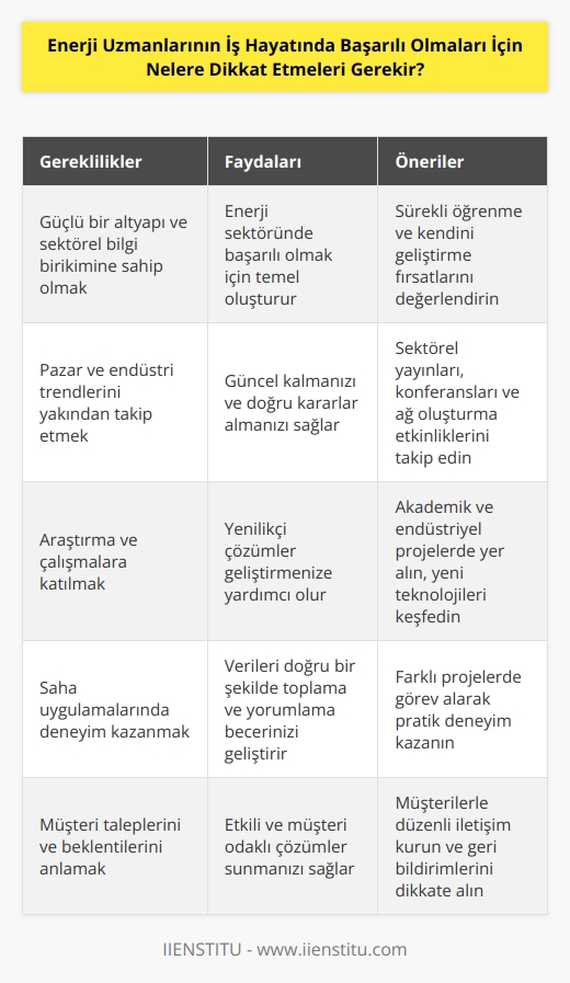 Enerji Uzmanlarının başarılı olmaları için, öncelikle iyi bir altyapıya sahip olmaları gerekir. Bu altyapı, enerji uzmanının sektöre dair temel bilgileri, alanlarına dair özgün anlayışı ve çözümleri içerir.   Enerji uzmanları, pazarı ve endüstriyi yakından takip etmeli ve gelişmeleri doğru bir şekilde değerlendirme yeteneğine sahip olmalıdır. Aynı zamanda, endüstrinin trendlerini yakından takip ederek, süreçleri ve teknolojileri güncel tutmalıdır.  Enerji uzmanları, yüksek kaliteli ve sorunsuz çözümler tasarlamak için sürekli araştırmalara ve çalışmalara katılmalıdır. Bu, onların önündeki zorlukları çözmek için yeni ve    yaklaşımlara ihtiyaç duydukları anlamına gelir.  Enerji uzmanlarının, sahada kullanılabilir verilerin toplanması ve bunların doğru bir şekilde yorumlanmasını sağlamak için,    uygulamaları da önemlidir.  Enerji uzmanlarının, müşteri taleplerini ve beklentilerini anlamaları ve bunu destekleyen çözümler geliştirmeleri de başarılı olmaları açısından önemlidir. Ayrıca,    de bu meslek için önemlidir.