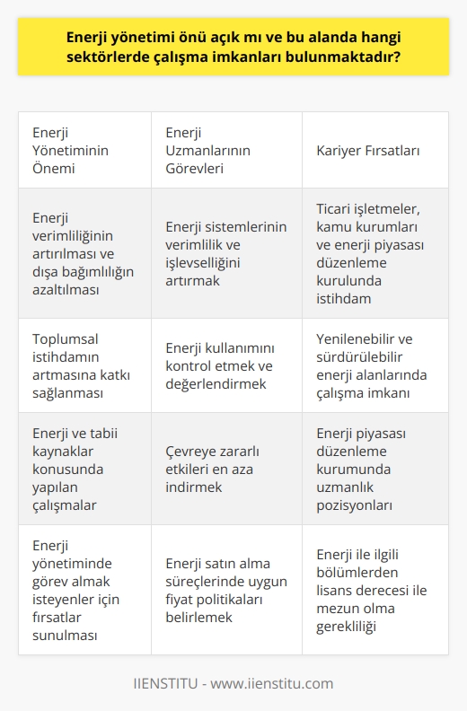 Enerji Yönetimi ve İş Fırsatları  Enerji yönetimi, son dönemlerde önü açık bir sektör olarak dikkat çekmekte ve enerji uzmanı pozisyonu büyük önem arz etmektedir. Bu sektörde yaşanan gelişmeler ve enerji verimliliğinin öne çıkması, enerjide dışa bağımlılığın azalmasına katkıda bulunuyor ve toplumsal istihdamın artmasına olanak sağlıyor. Bu bağlamda, enerji ve tabii kaynaklar konusunda yapılan çalışmalar ile enerji yönetiminde görev almak isteyen kişilere farklı iş imkanları sunulmaktadır.  Enerji uzmanlarının görev tanımı ve iş imkanları  Enerji uzmanı, enerji sistemlerinin verimlilik ve işlevselliğini artırmak amacıyla çalışmalar yürüten, enerji kullanımını kontrol eden ve değerlendiren, çevreye zararlı etkileri en aza indirme sorumluluğu bulunan kişilerdir. Bu alanda çalışma imkanı bulunan sektörler arasında ticari işletmeler, kamu kurumları ve enerji piyasası düzenleme kurulu öne çıkmaktadır.  Özellikle yenilenebilir ve sürdürülebilir enerji alanlarında faaliyet gösteren enerji uzmanlarının sistemin verimli ve ekonomik olarak yönetilmesi konusunda atılımlar yapması beklenmektedir. Bu kişilerin enerji satın alma süreçlerinde uygun fiyat politikaları belirlemesi ve bunları uygulamaya koyarak enerjinin etkin kullanımından sorumlu olduğu görülmektedir.  Eğitim ve kariyer olanakları  Enerji uzmanı olabilmek için, üniversitelerde dört yıllık eğitim veren enerji ile ilgili bölümlerinden lisans derecesi ile mezun olmak gerekmektedir. Kariyerlerine enerji uzmanı olarak devam etmek isteyen kişiler, enerji piyasası düzenleme kurumunda uzman olarak görev almak için belirtilen kriterlere uyum sağlamalıdır.  Enerji uzmanının yetiştirilmesi ve ilgili sektörlerdeki personel eğitimine yönelik çalışmalar da önemlidir. Bilinçlendirme faaliyetleri ve enerji kullanım programları oluşturma konularında enerji uzmanlarının katkısı büyüktür.  Sonuç olarak, enerji yönetimi sektöründe farklı alanlarda çalışma imkanı olup, gelişen teknoloji ve enerji verimliliği bilincinin yaygınlaşması ile enerji uzmanlarına duyulan ihtiyaç giderek artmaktadır. Bu nedenle, enerji yönetimi sektörüne yönelik enerji uzmanlığı kariyer fırsatları değerlendirilmelidir.